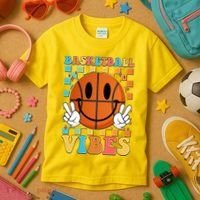 Retro Smiley Emoji Basketball Vibes Kids T-Shirt thumb 3