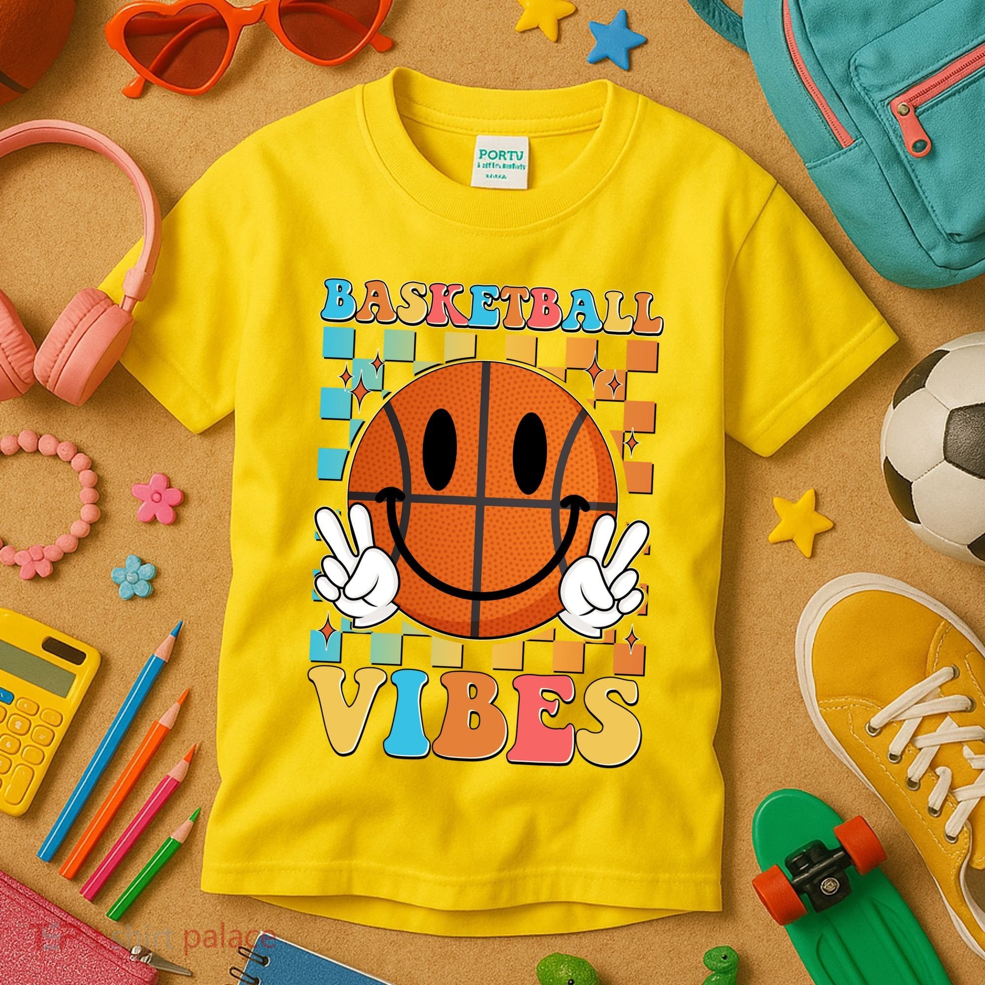 Retro Smiley Emoji Basketball Vibes Kids T-Shirt