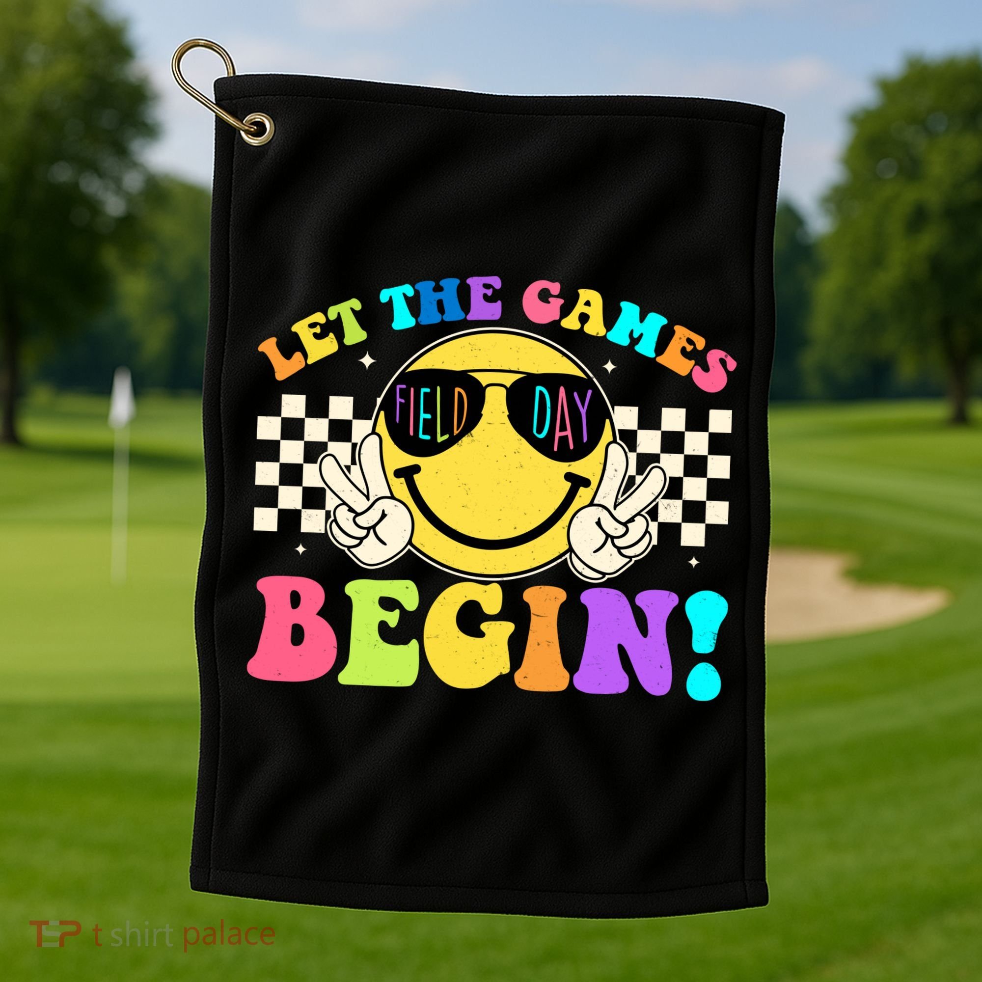 Retro Smiley Emoji Field Day Let The Games Begin Golf Towel