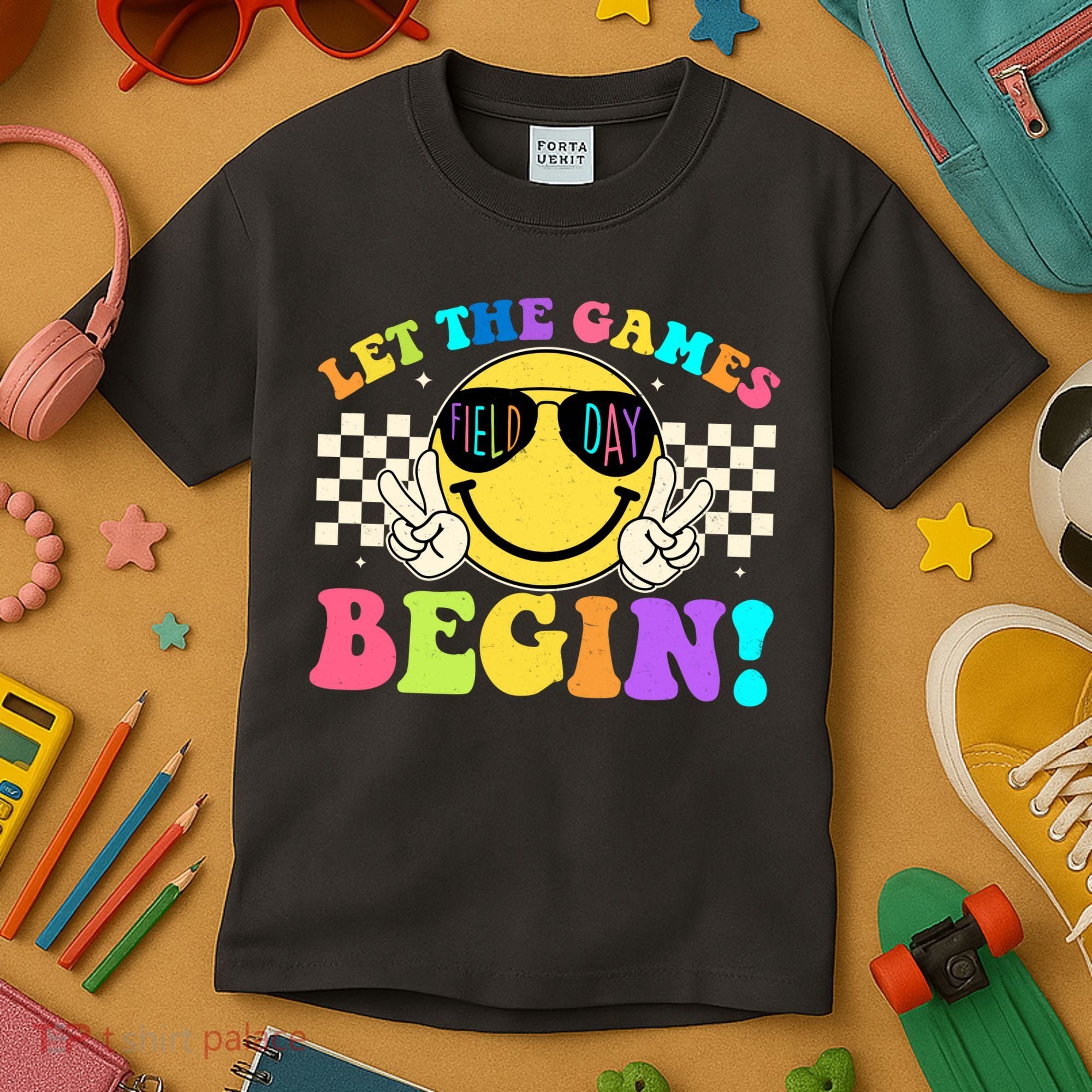 Retro Smiley Emoji Field Day Let The Games Begin Kids T-Shirt