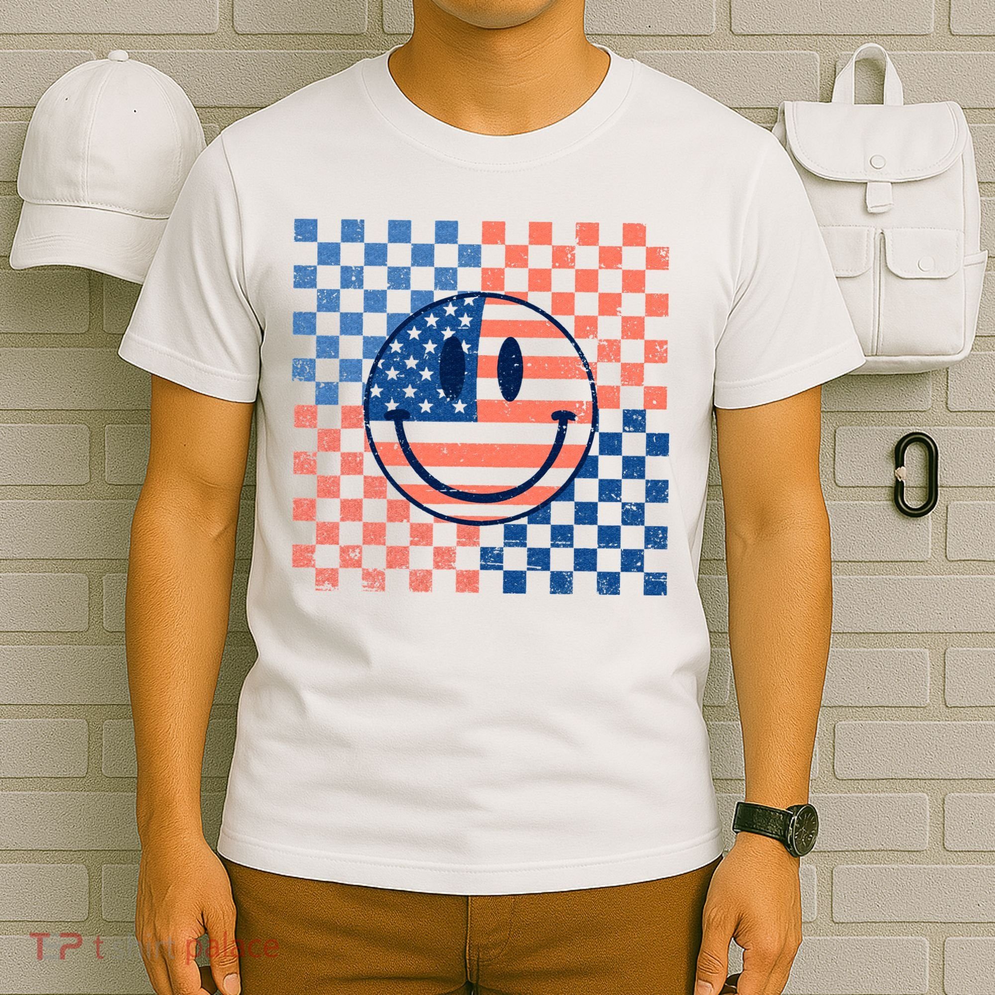 Retro Smiley Face American Flag 4th Of July Patriotic T-Shirt