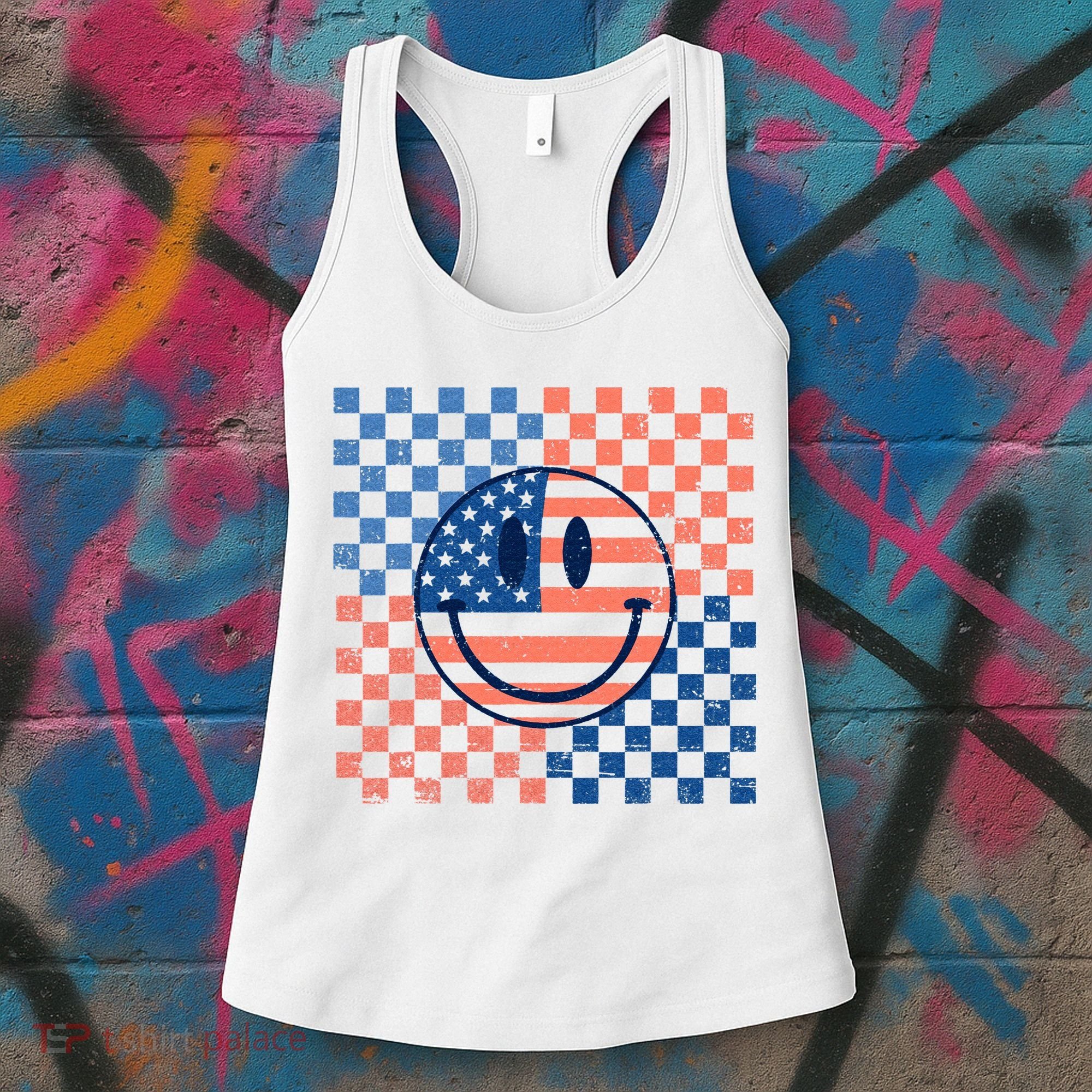 Retro Smiley Face American Flag 4th Of July Patriotic Women's Tank Top