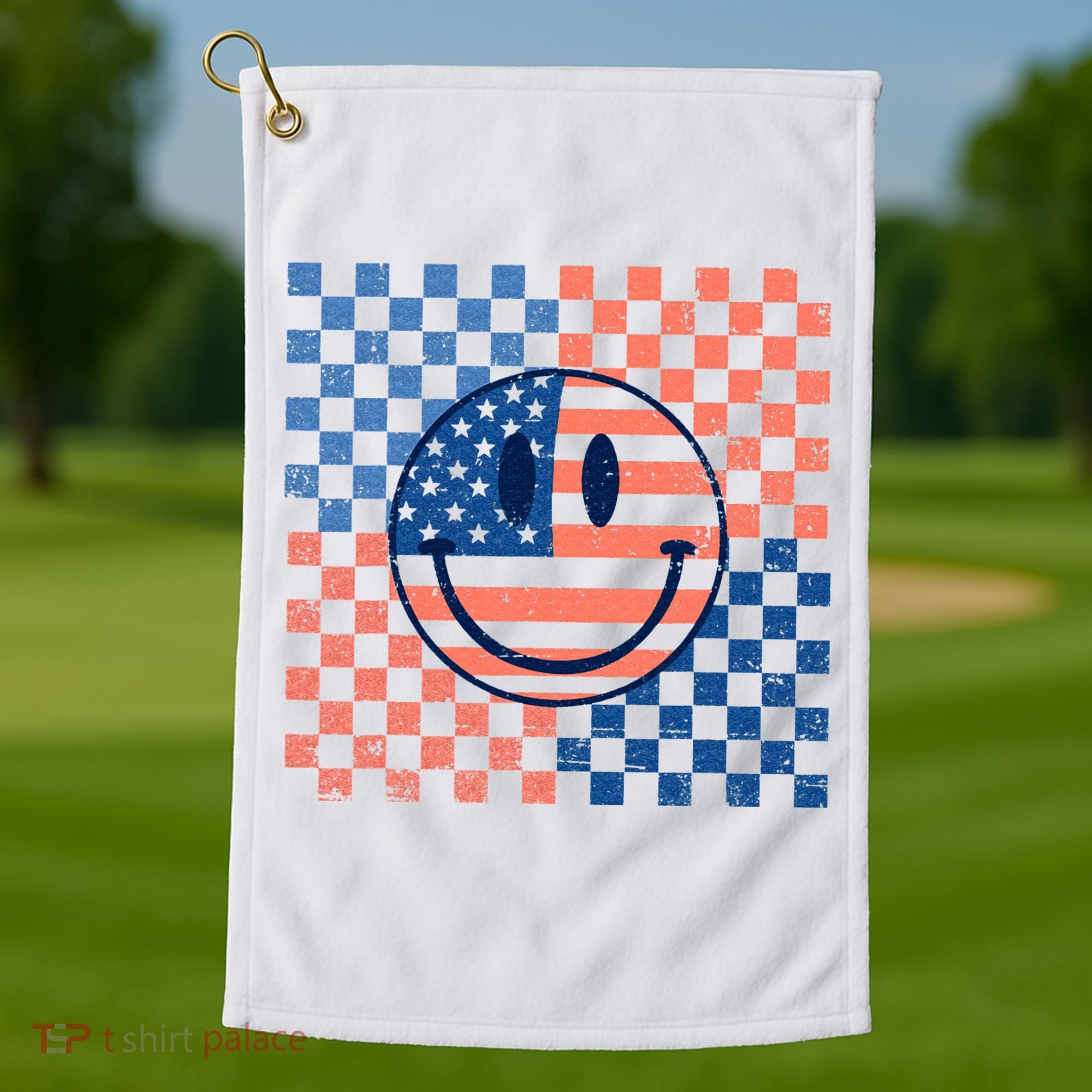 Retro Smiley Face American Flag 4th Of July Patriotic Golf Towel