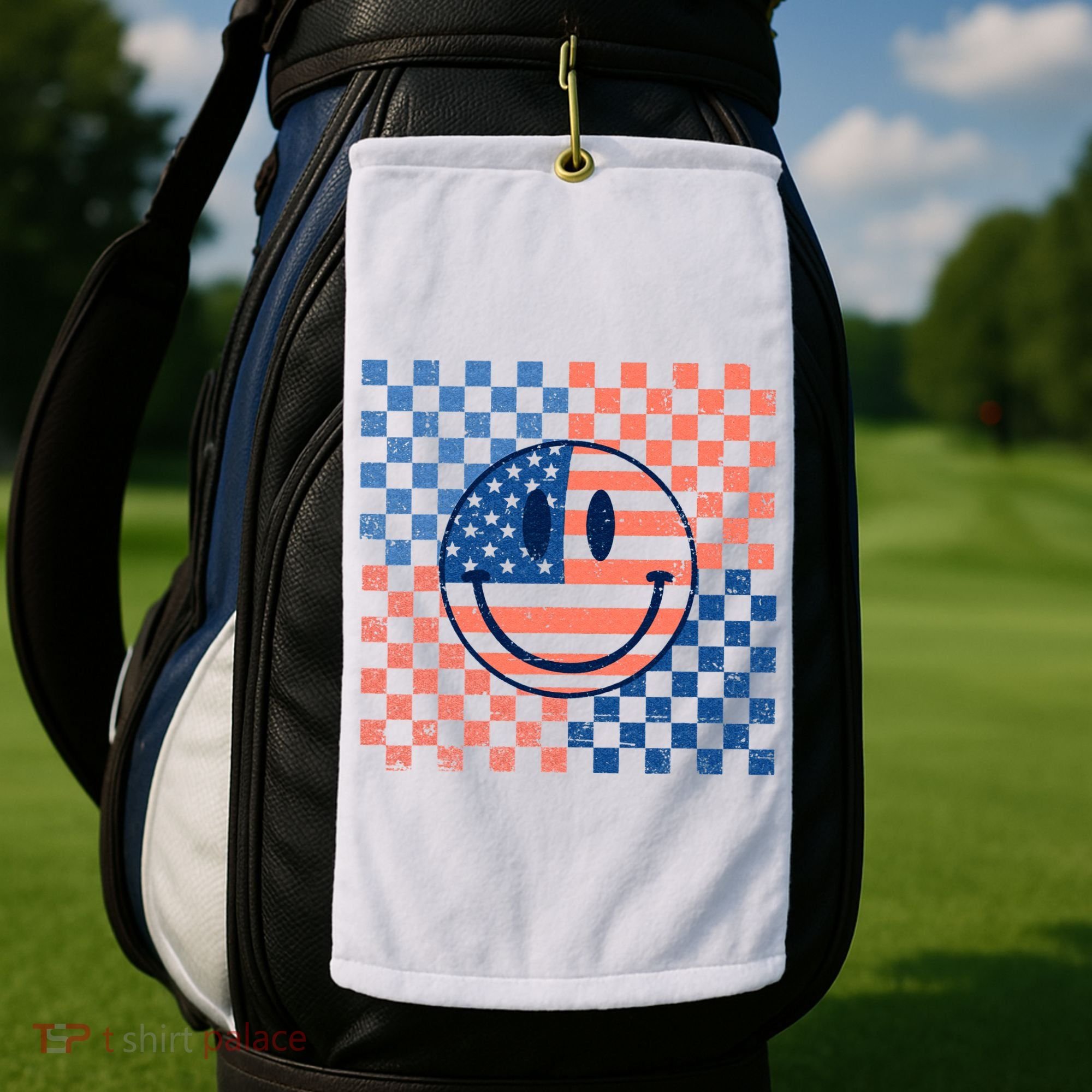 Retro Smiley Face American Flag 4th Of July Patriotic Golf Towel