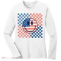 Retro Smiley Face American Flag 4th Of July Patriotic Women's Long Sleeve Shirt thumb 0