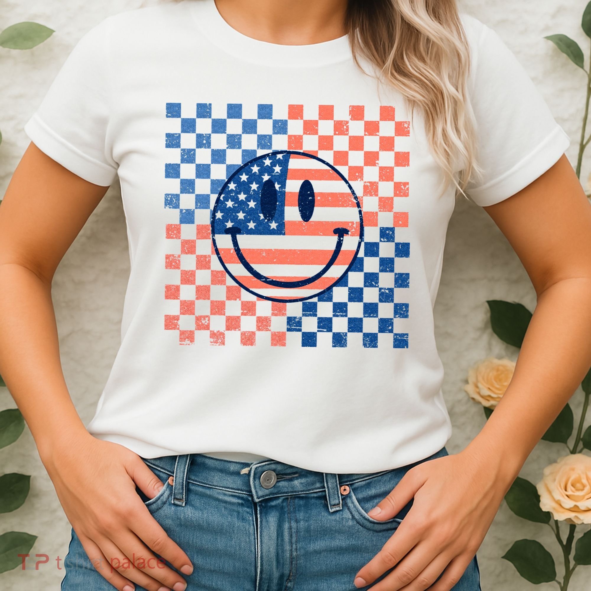 Retro Smiley Face American Flag 4th Of July Patriotic Women's T-Shirt