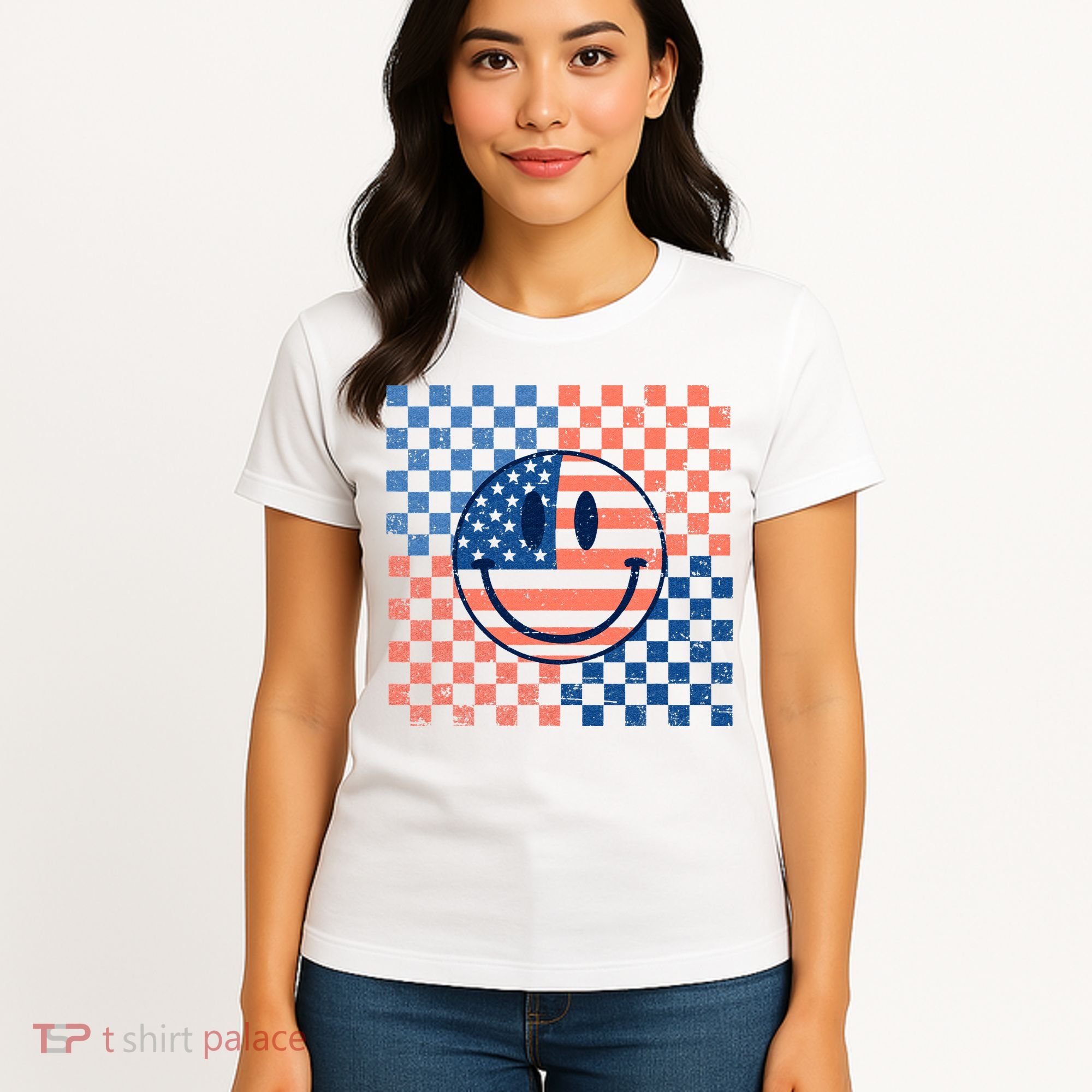 Retro Smiley Face American Flag 4th Of July Patriotic Women's T-Shirt
