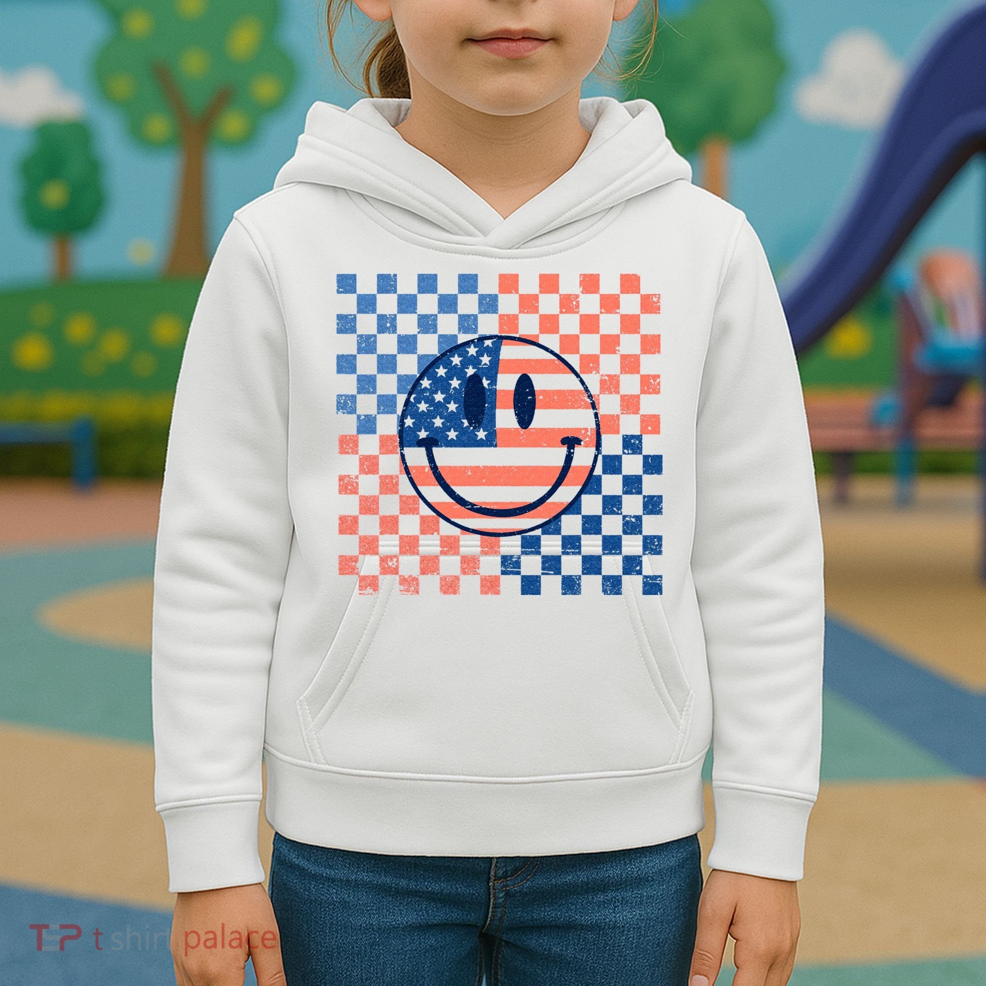 Retro Smiley Face American Flag 4th Of July Patriotic Kids Hoodie