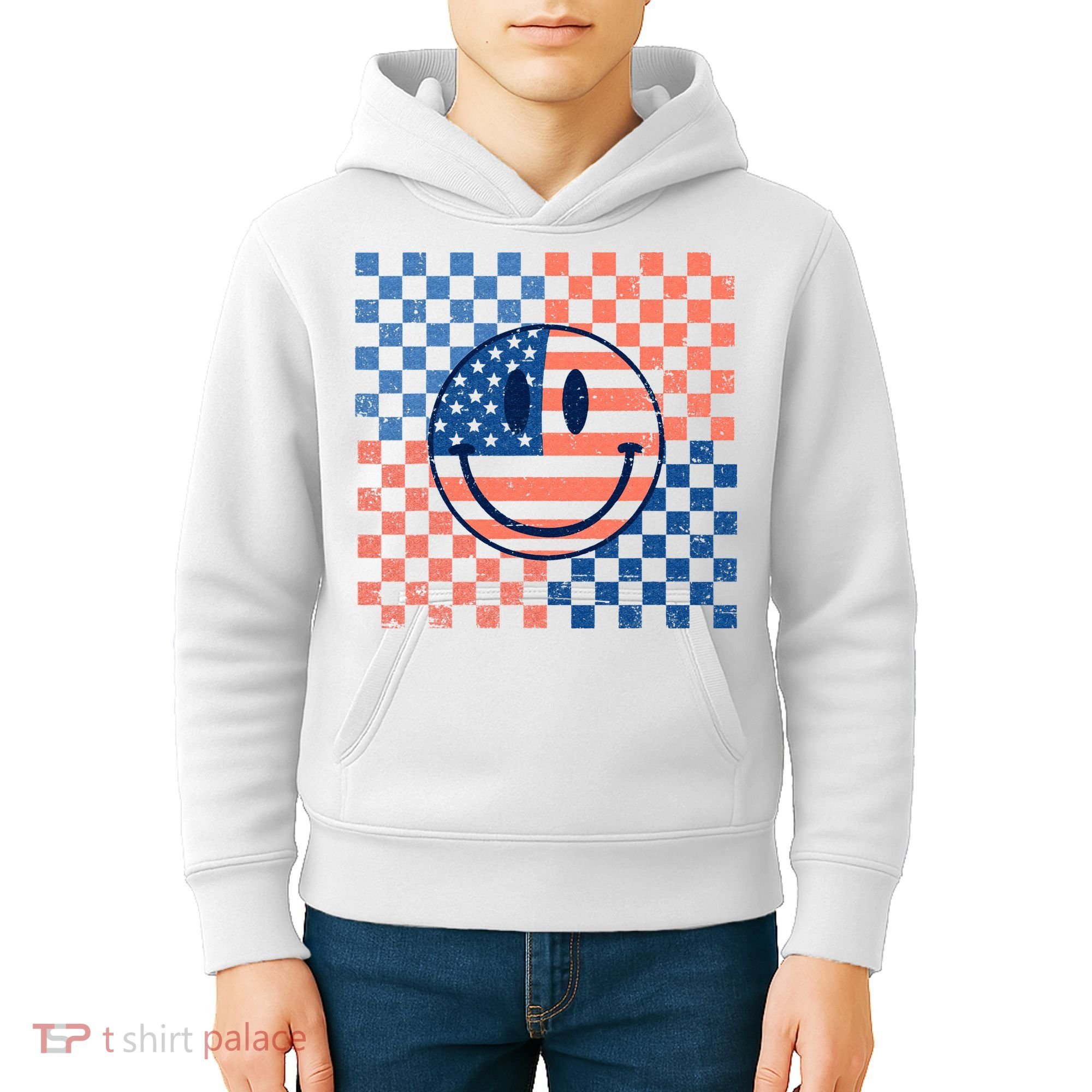 Retro Smiley Face American Flag 4th Of July Patriotic Kids Hoodie