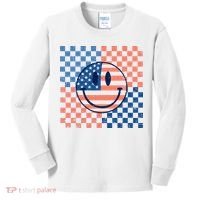 Retro Smiley Face American Flag 4th Of July Patriotic Kids Long Sleeve Shirt thumb 0