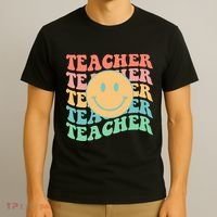 Retro Smiley Face Teacher Colorful T-Shirt thumb 3