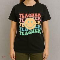 Retro Smiley Face Teacher Colorful T-Shirt thumb 4