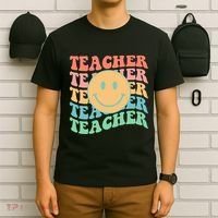 Retro Smiley Face Teacher Colorful T-Shirt thumb 6