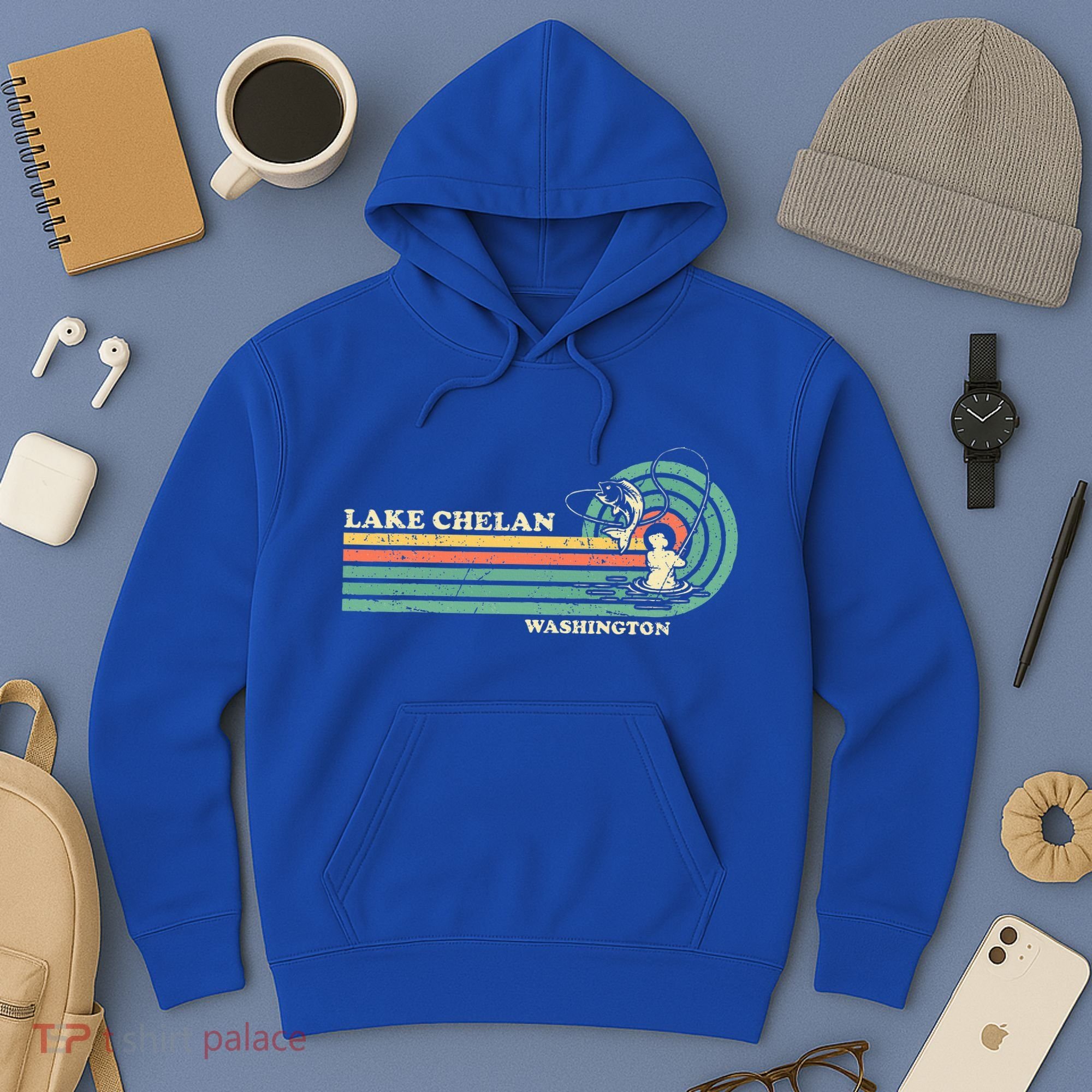 Retro Summer Fishing Washington Chelan Lake Hoodie