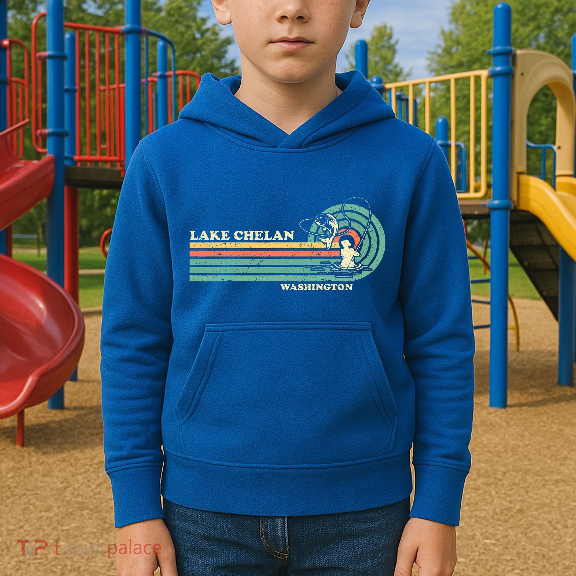 Retro Summer Fishing Washington Chelan Lake Kids Hoodie