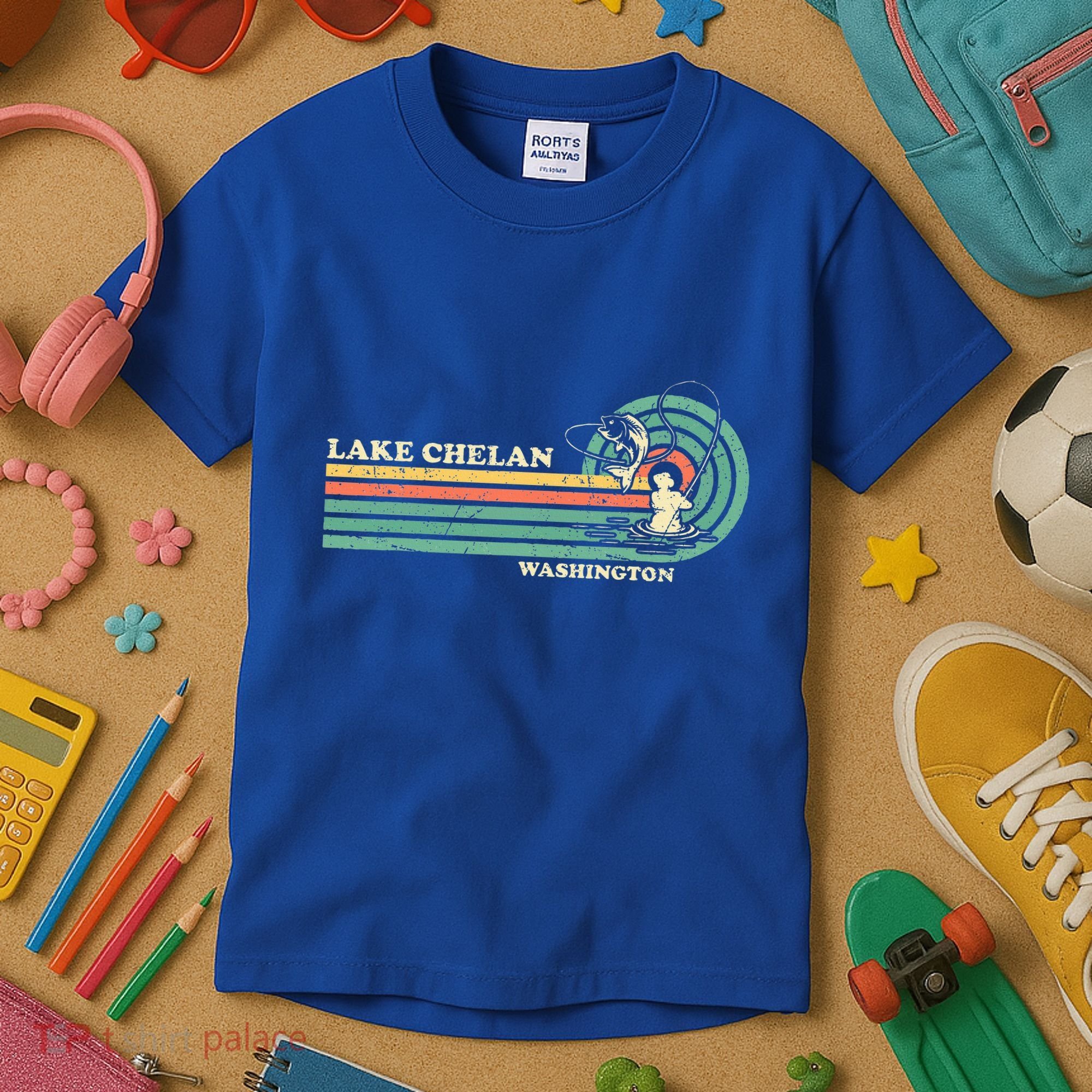 Retro Summer Fishing Washington Chelan Lake Kids T-Shirt
