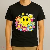 Retro Smile Face Flower Happy Face Flowers Heart Girl T-Shirt thumb 3