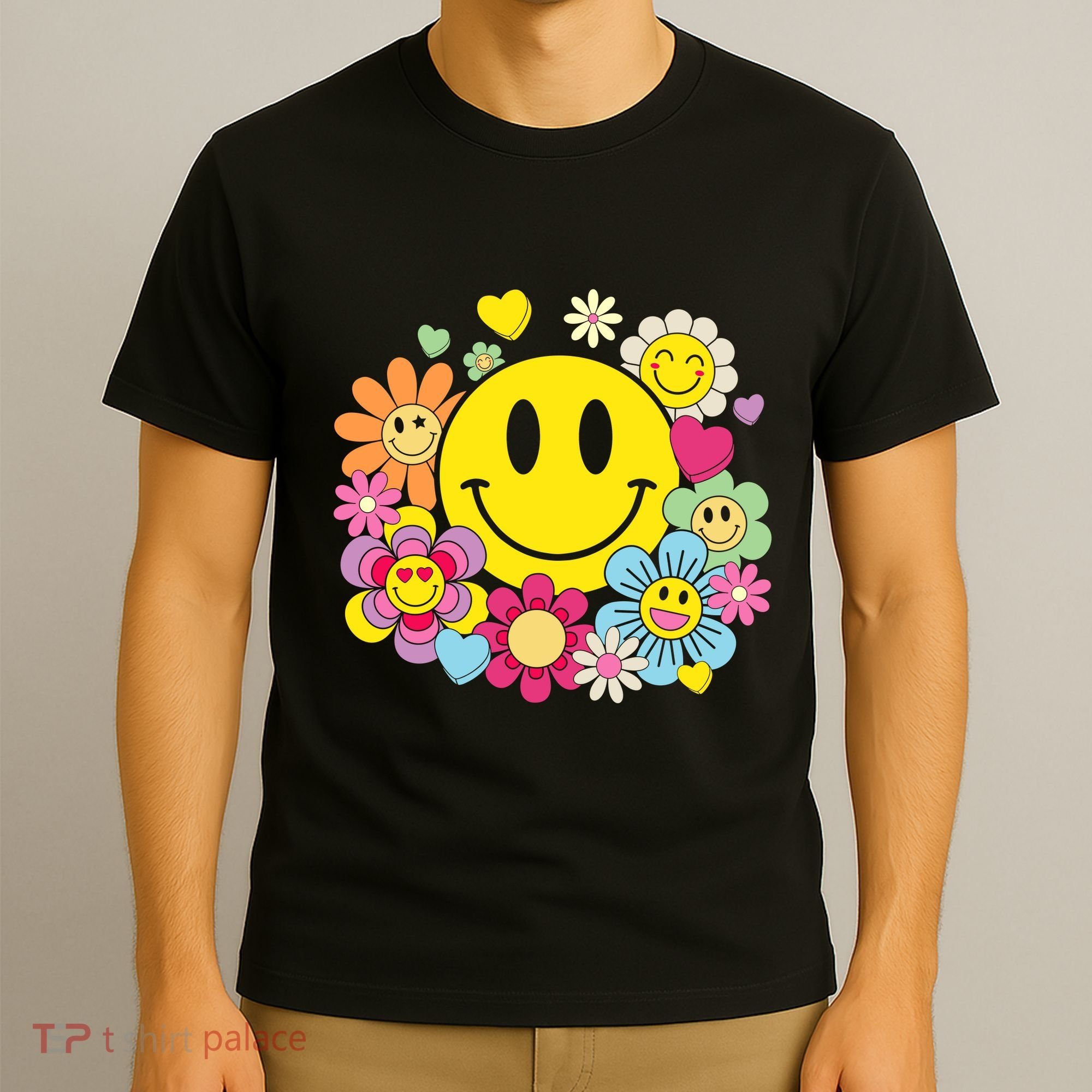 Retro Smile Face Flower Happy Face Flowers Heart Girl T-Shirt