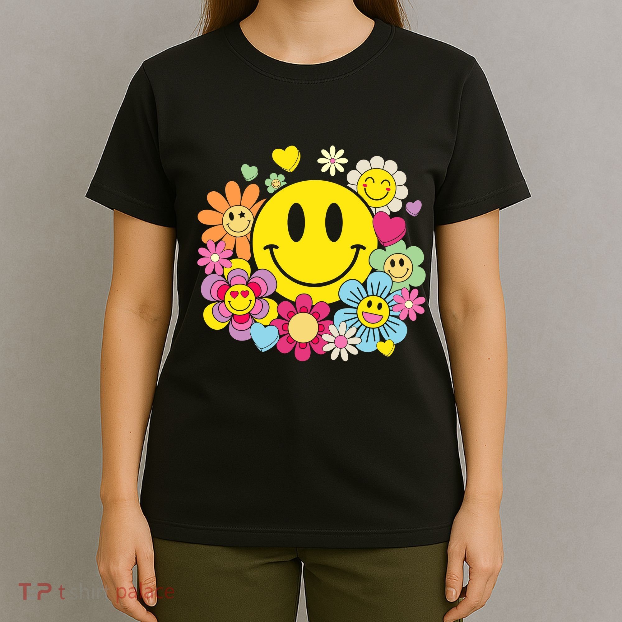 Retro Smile Face Flower Happy Face Flowers Heart Girl T-Shirt