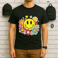 Retro Smile Face Flower Happy Face Flowers Heart Girl T-Shirt thumb 6