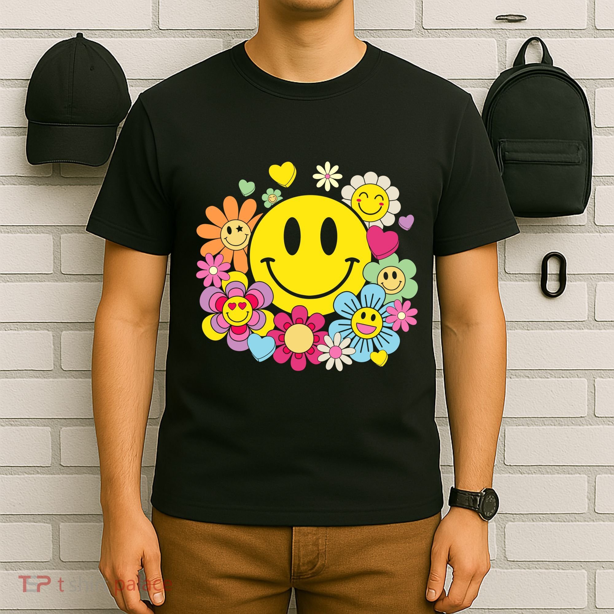 Retro Smile Face Flower Happy Face Flowers Heart Girl T-Shirt