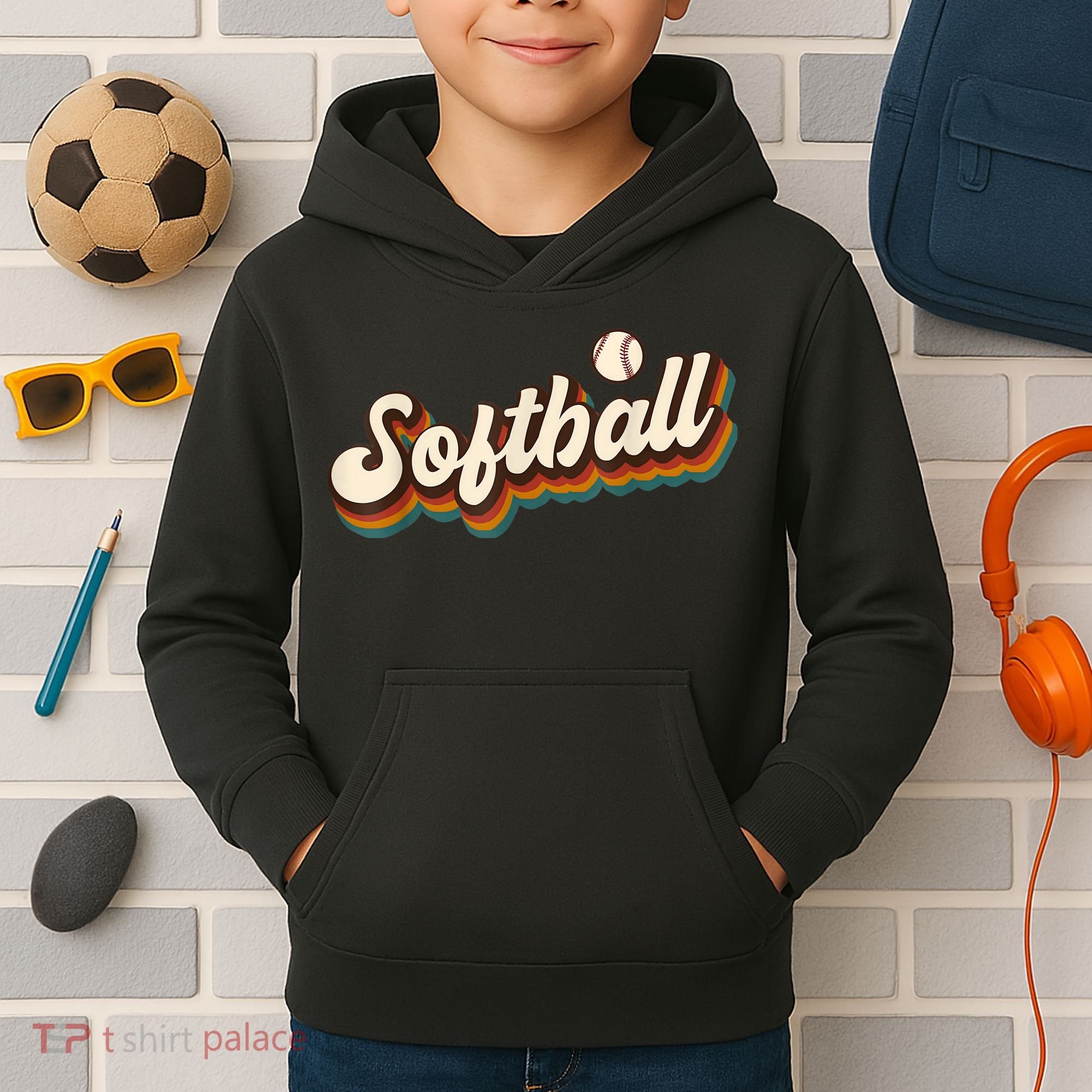 Retro Softball Graphic Softball Kids Hoodie