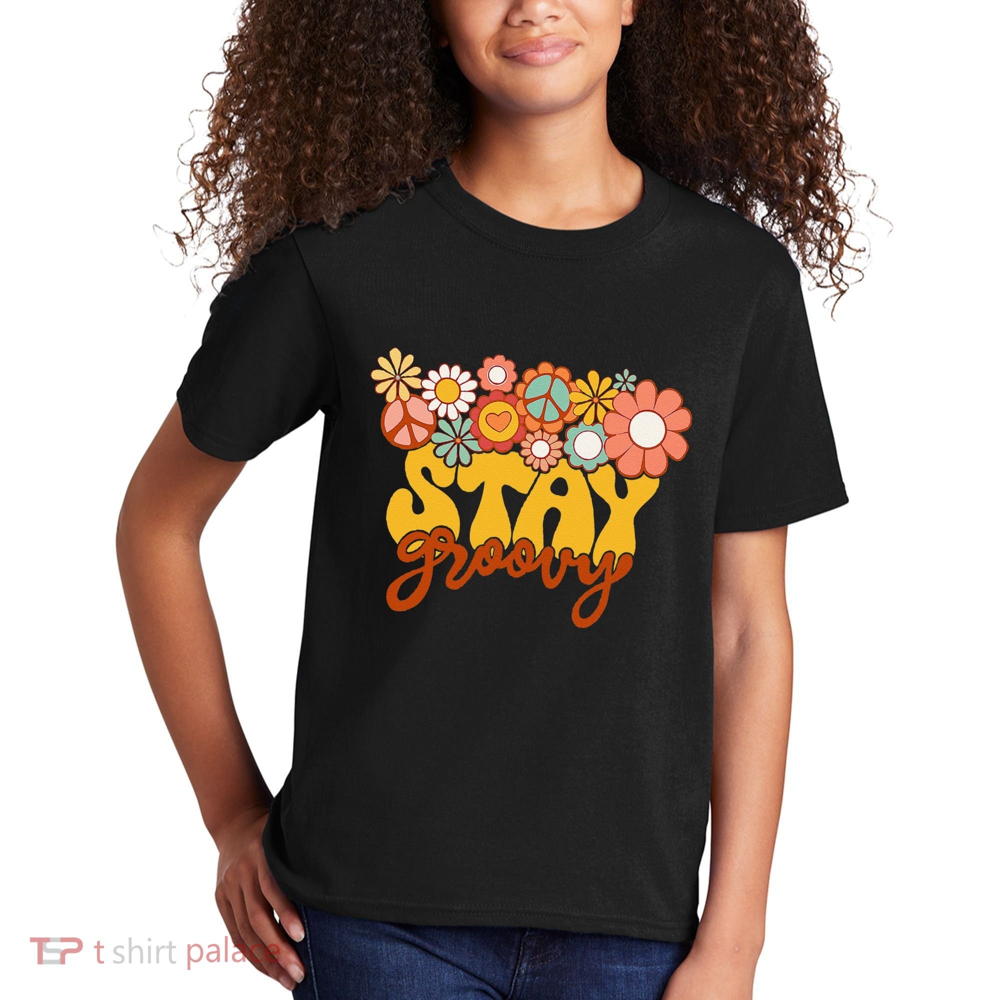 Retro Sunflower Hippie Stay Groovy Positive Mind Happy Life Kids T-Shirt