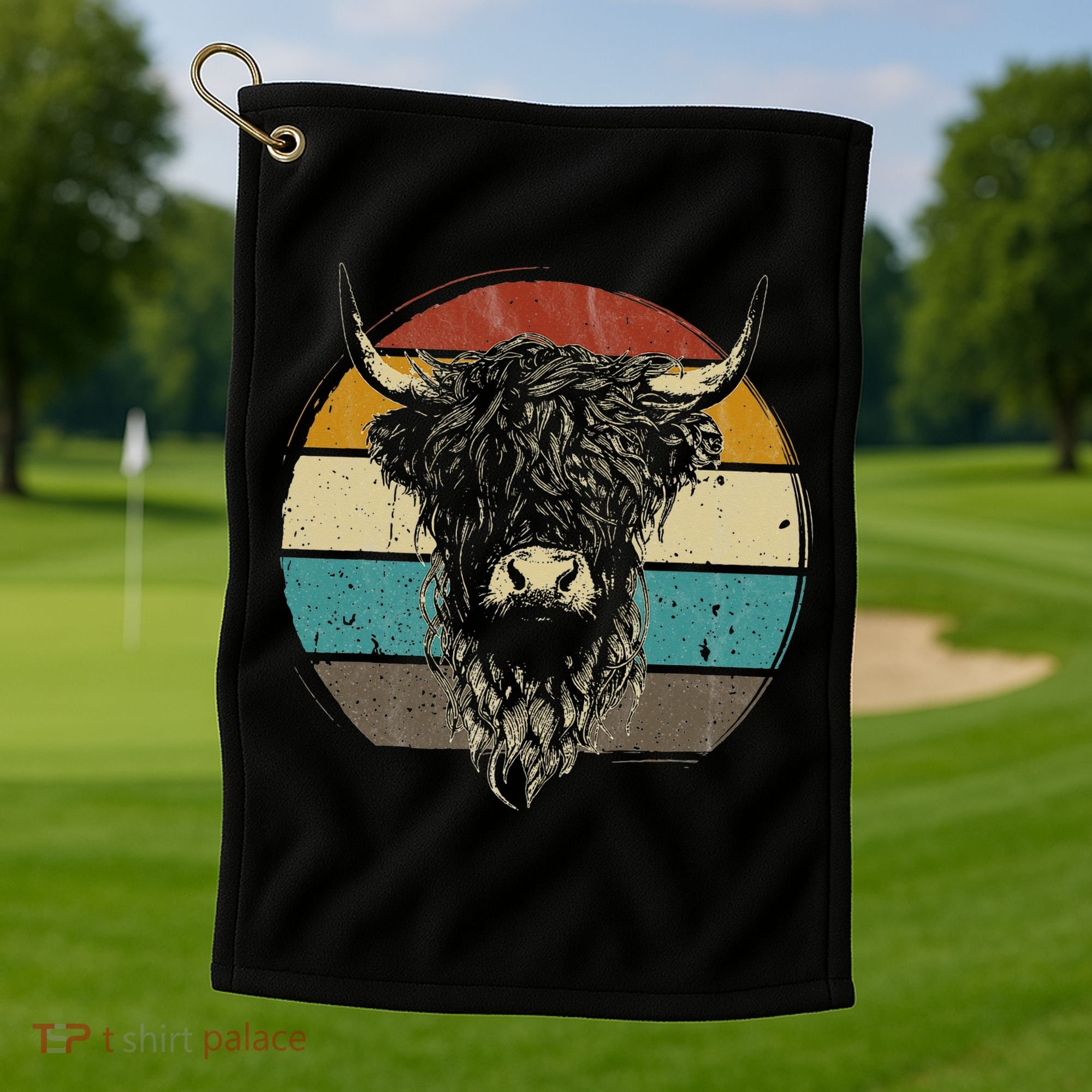 Retro Scottish Highland Cow Cattle Hairy Cow Golf Towel