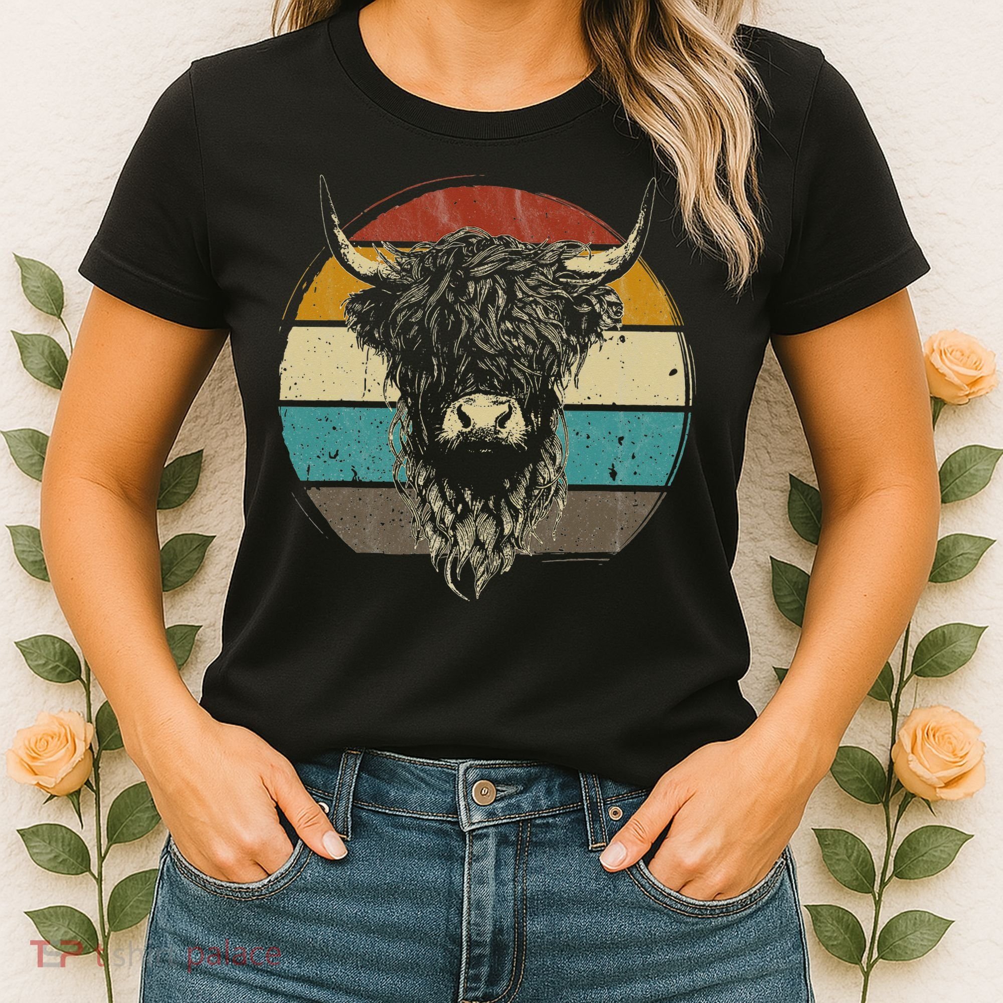 Retro Scottish Highland Cow Cattle Hairy Cow Women's T-Shirt