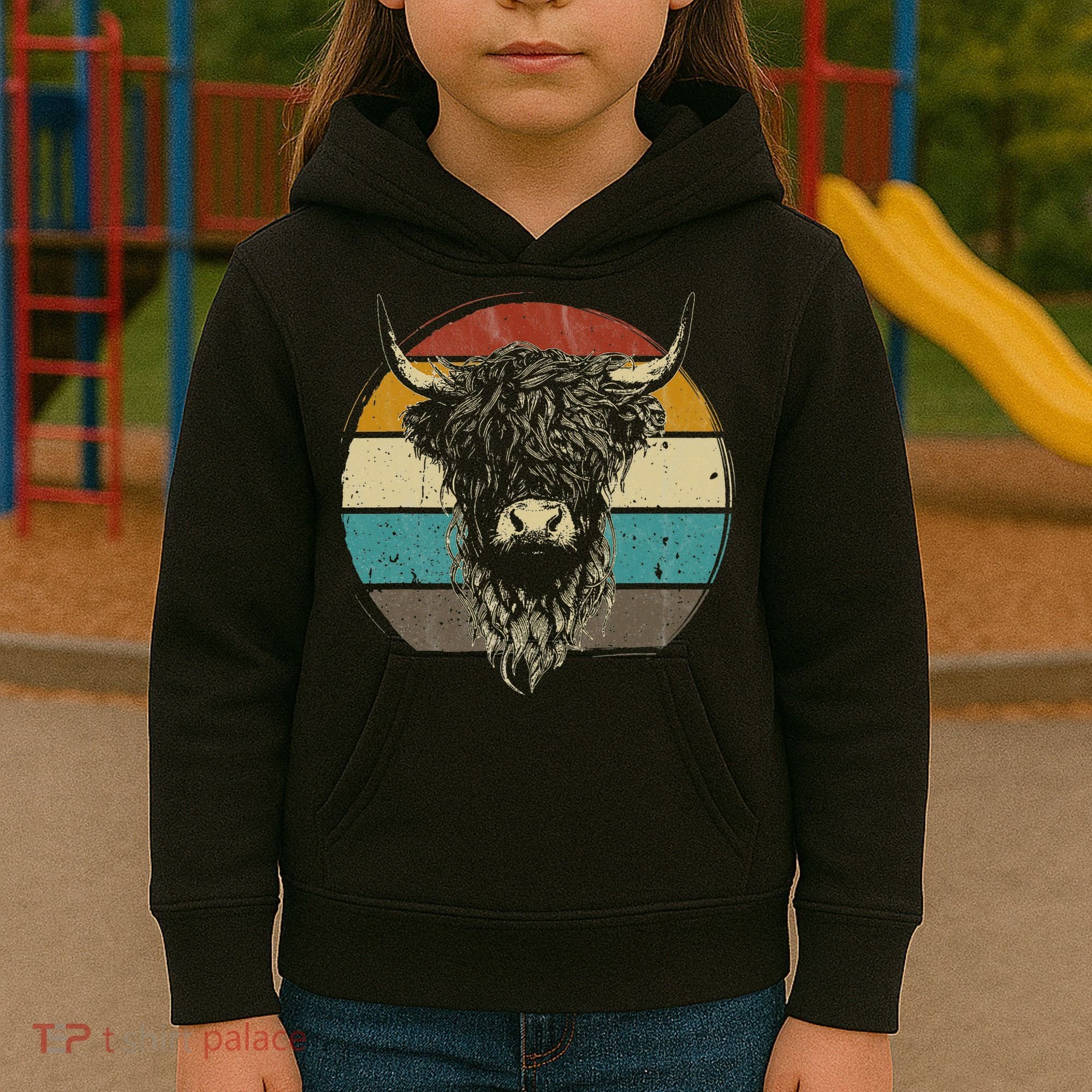 Retro Scottish Highland Cow Cattle Hairy Cow Kids Hoodie