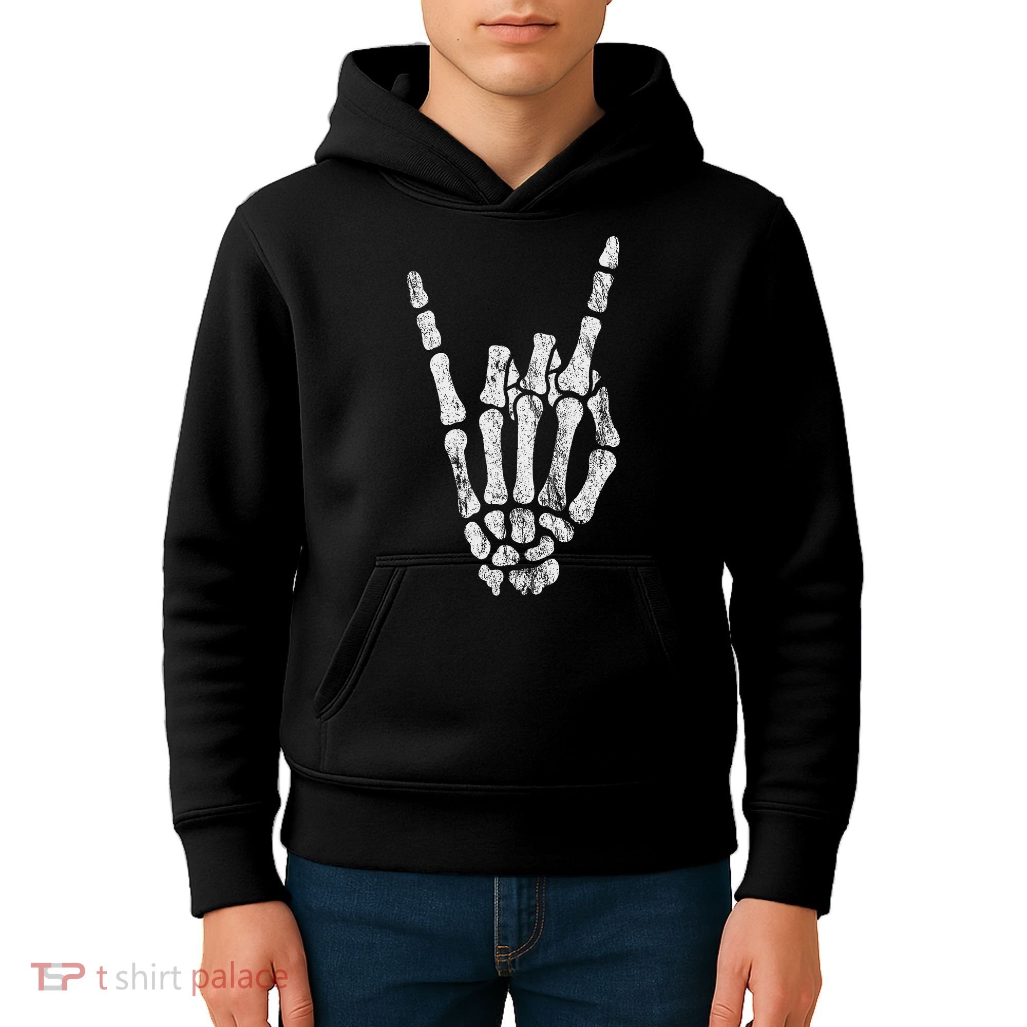Rock Skeleton Hand Rock N Roll Metal Distressed Halloween Kids Hoodie