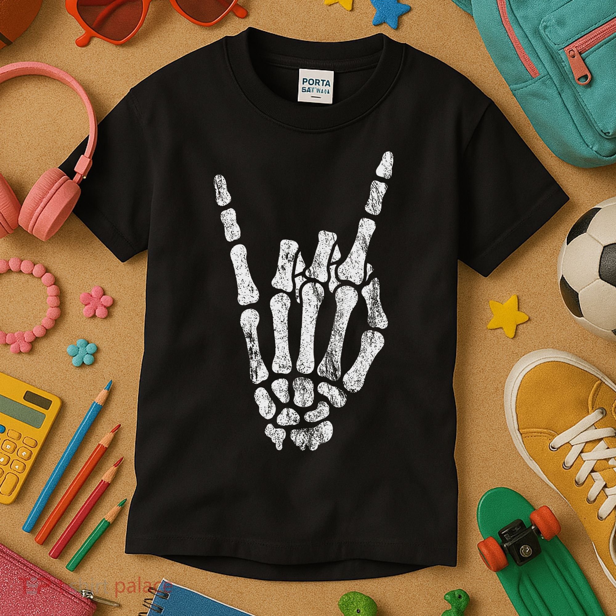 Rock Skeleton Hand Rock N Roll Metal Distressed Halloween Kids T-Shirt