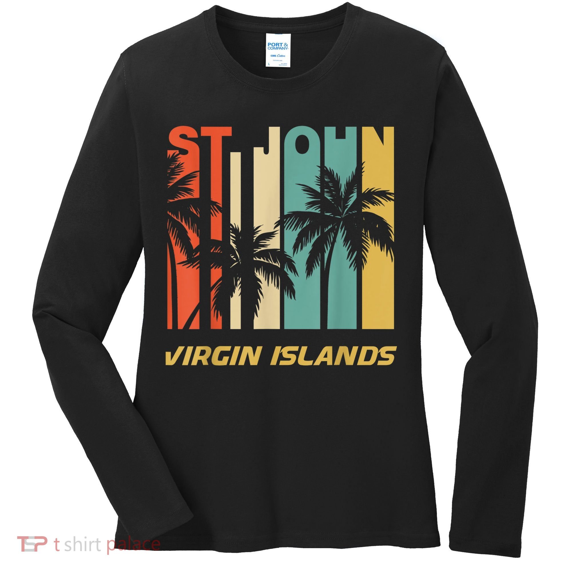 Retro St. John Virgin Islands Palm Trees Vacation Women's Long Sleeve Shirt