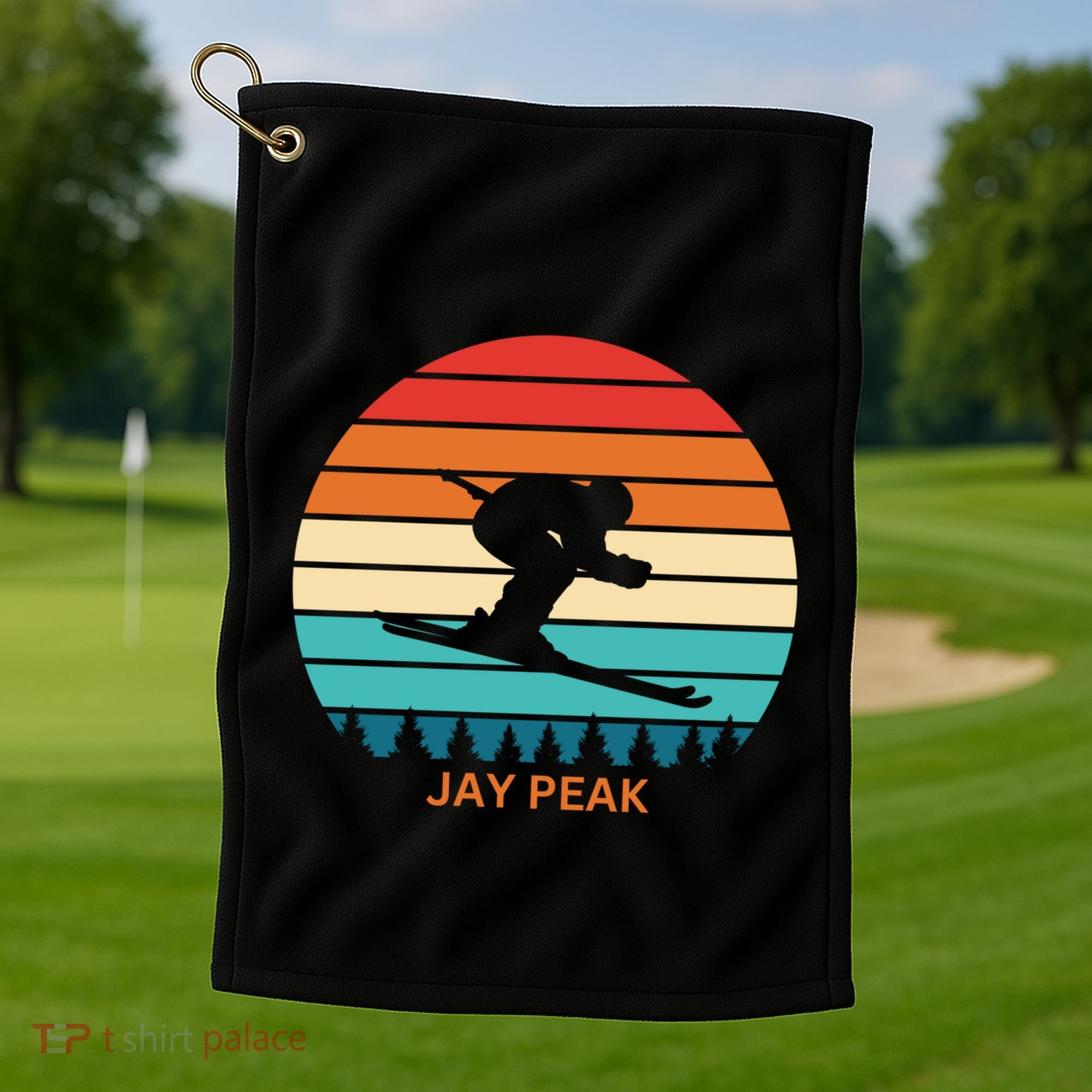 Retro Sunset Jay Peak Vermont Skiing Skier Gift Golf Towel