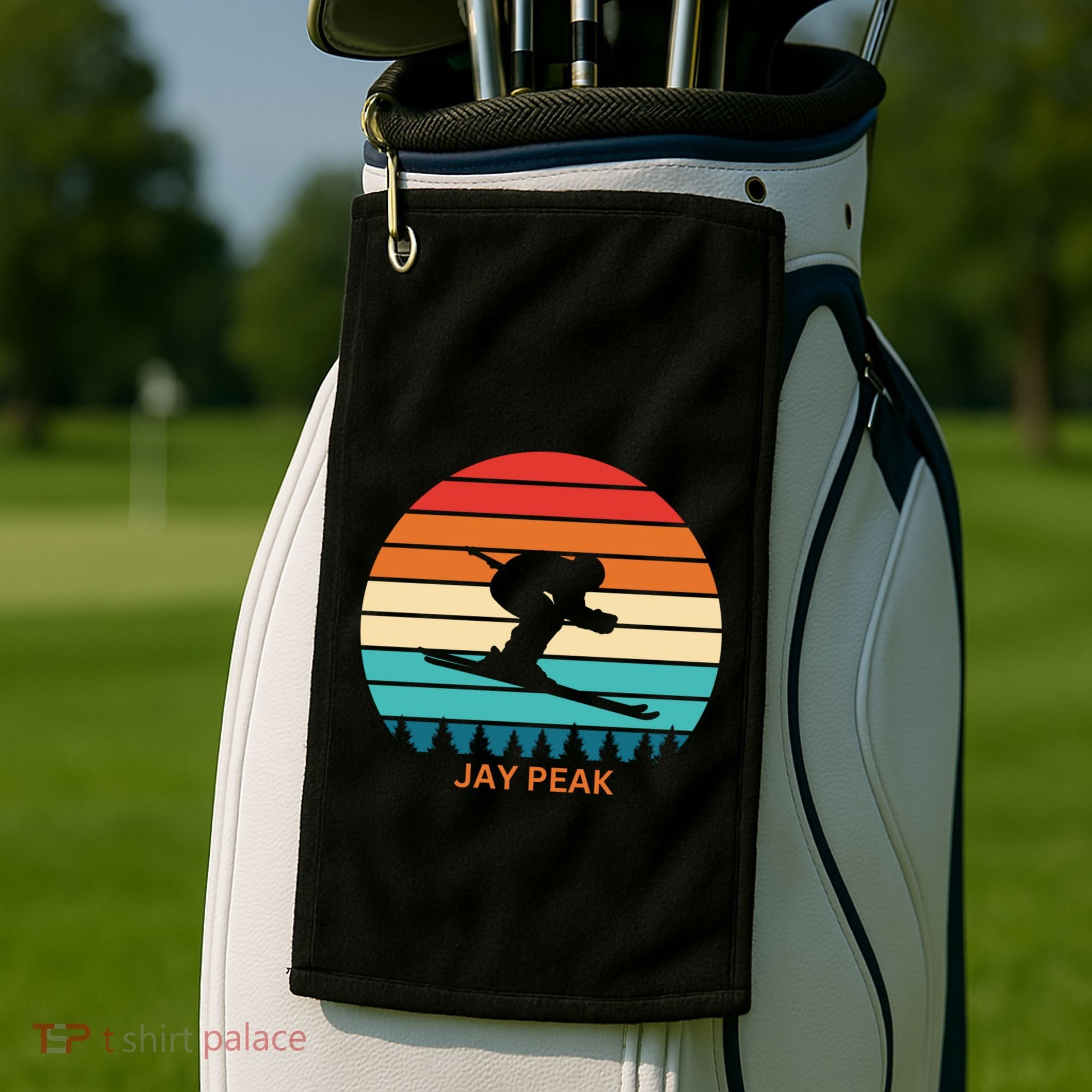 Retro Sunset Jay Peak Vermont Skiing Skier Gift Golf Towel