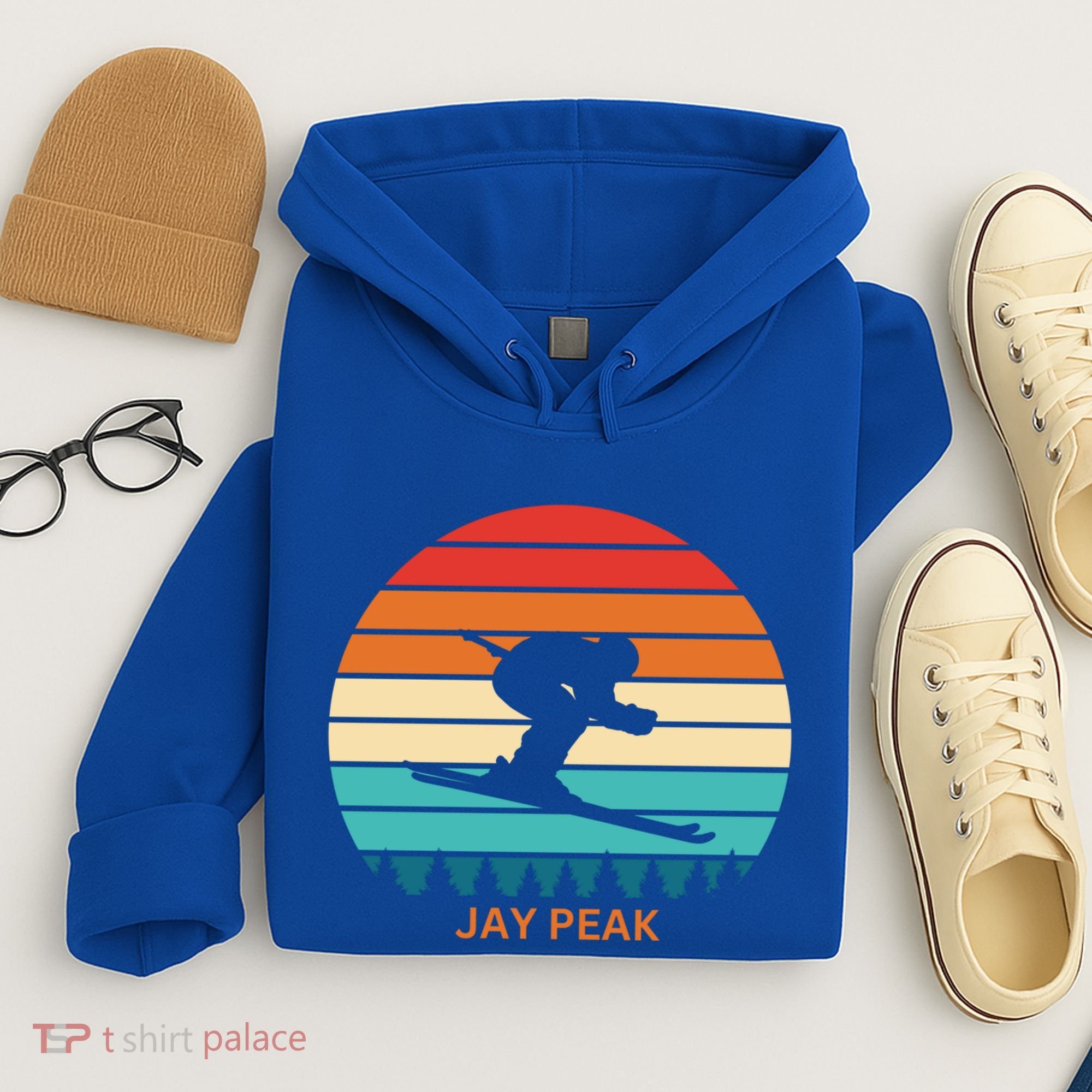 Retro Sunset Jay Peak Vermont Skiing Skier Gift Hoodie