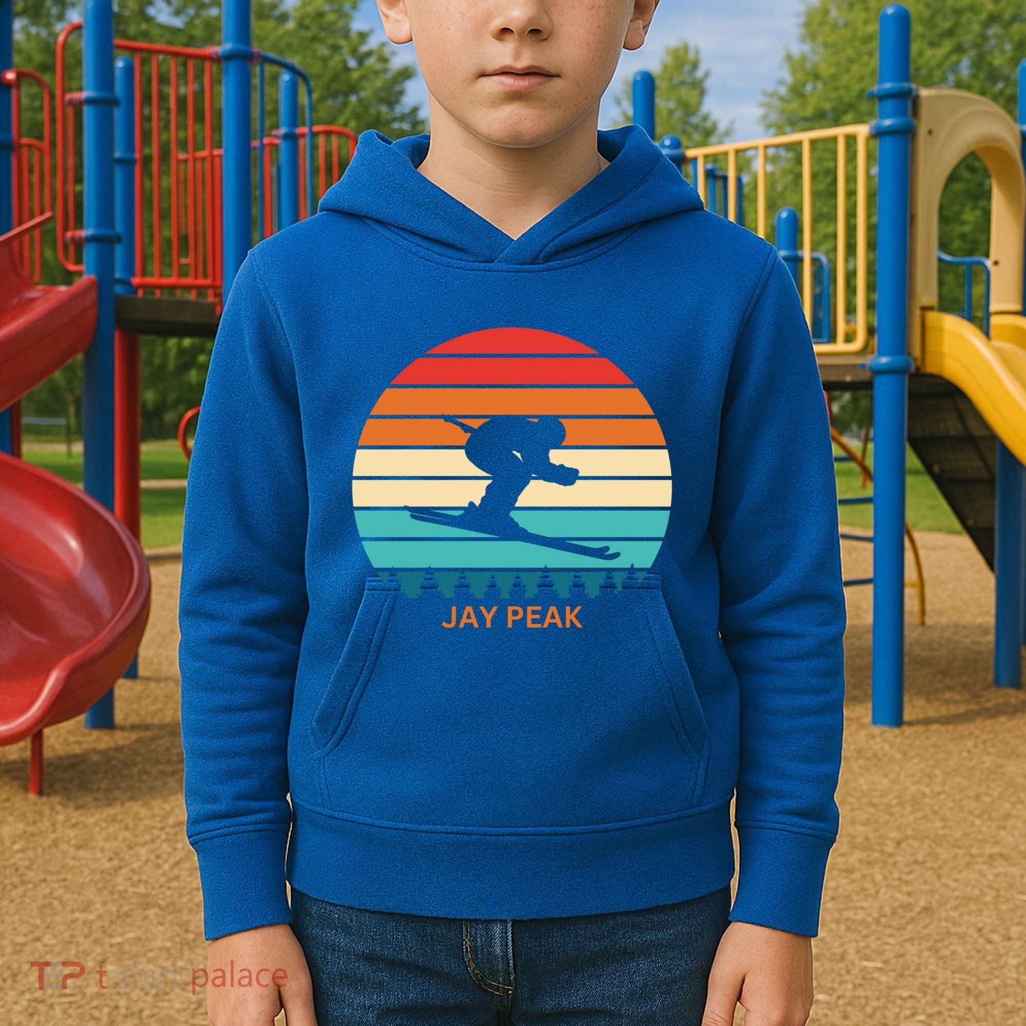 Retro Sunset Jay Peak Vermont Skiing Skier Gift Kids Hoodie