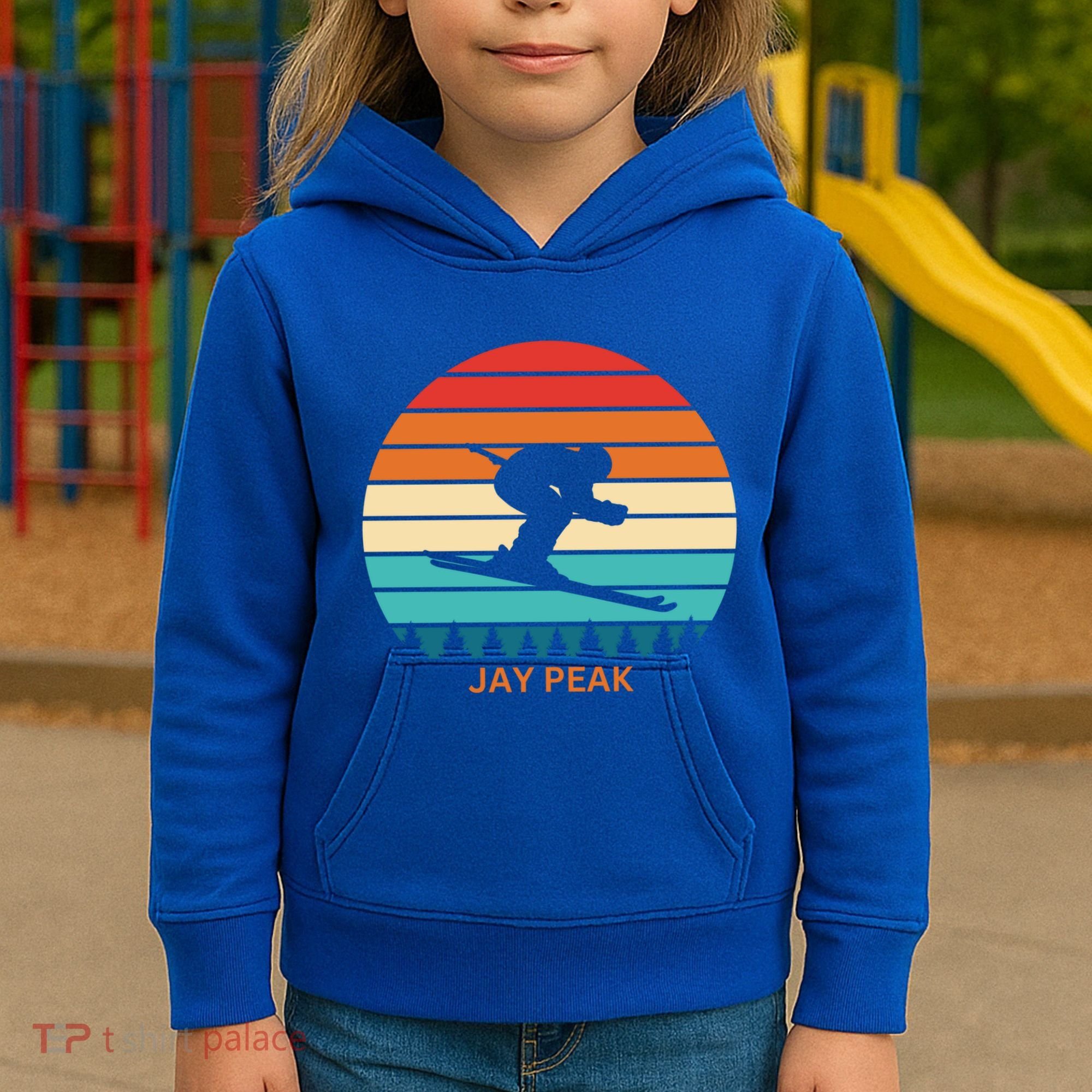 Retro Sunset Jay Peak Vermont Skiing Skier Gift Kids Hoodie