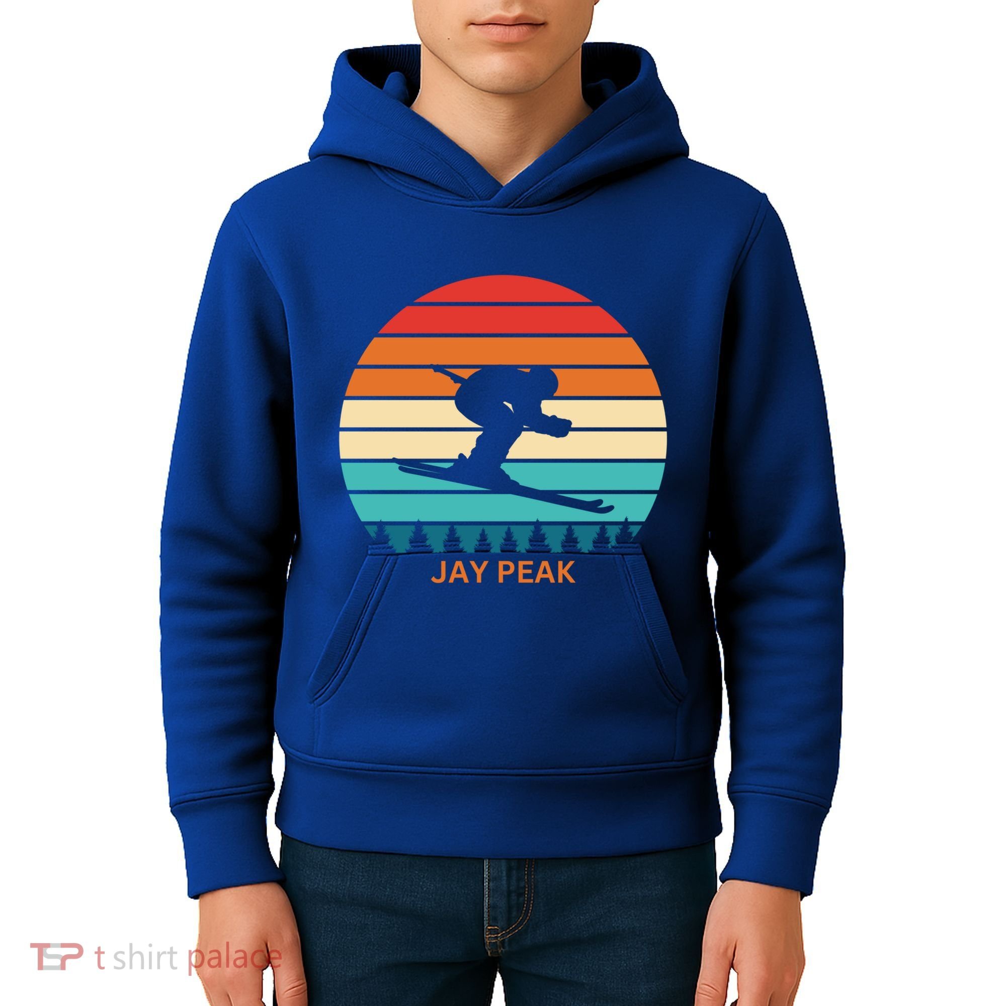 Retro Sunset Jay Peak Vermont Skiing Skier Gift Kids Hoodie