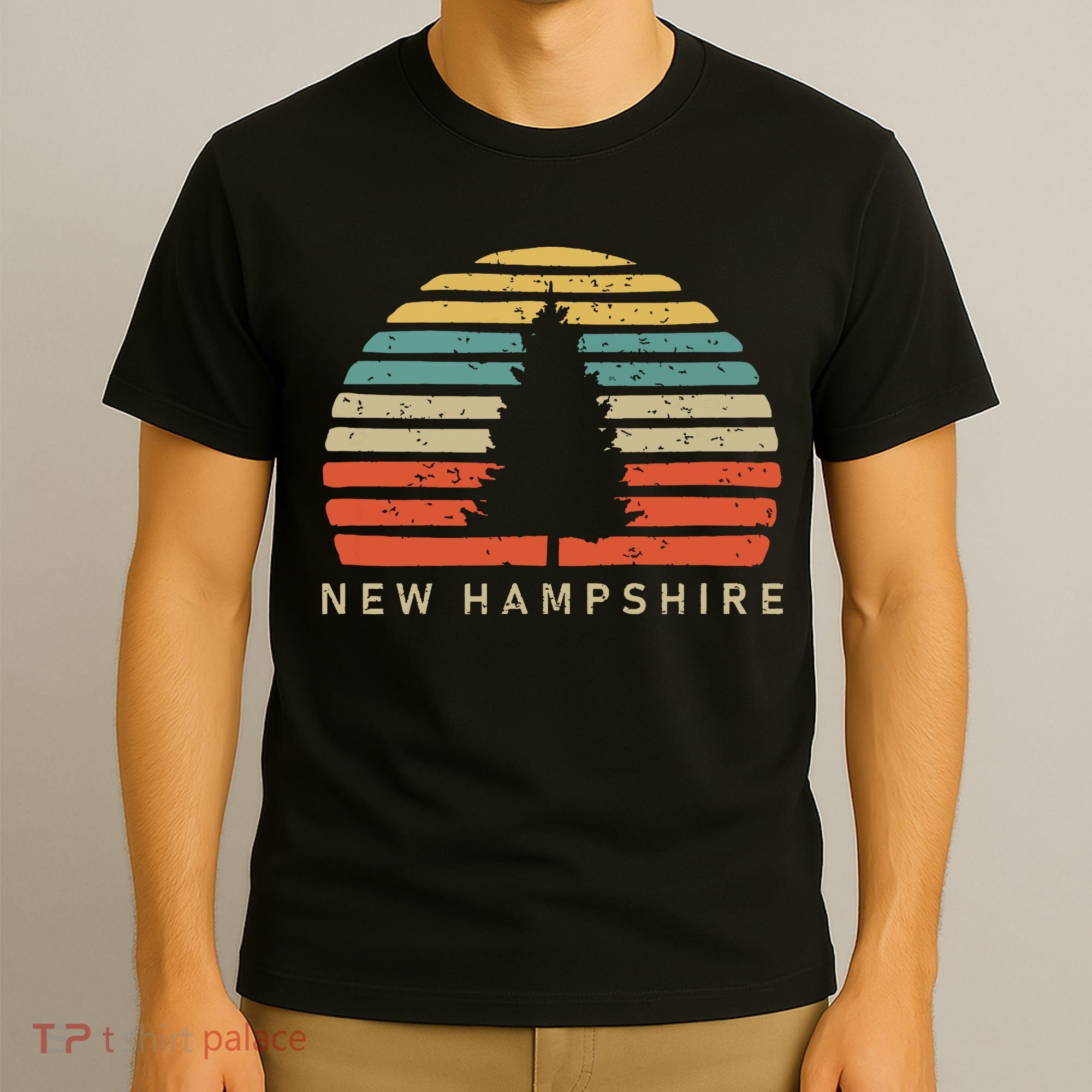 Retro Sunset New Hampshire Pine Tree T-Shirt