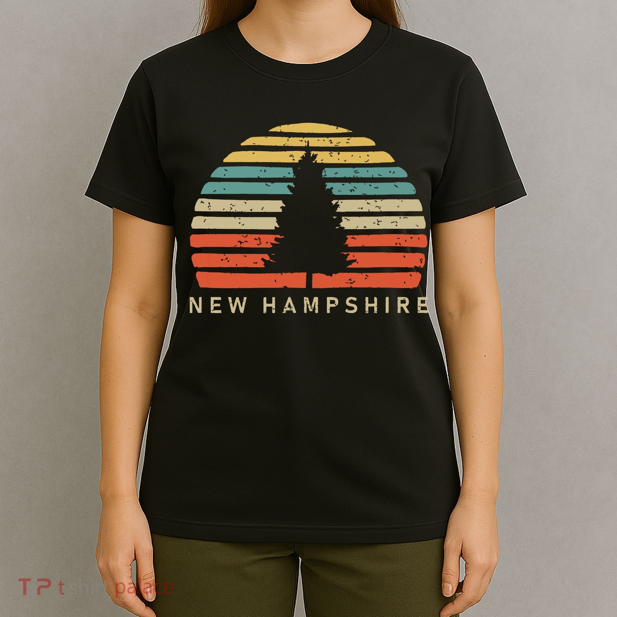 Retro Sunset New Hampshire Pine Tree T-Shirt