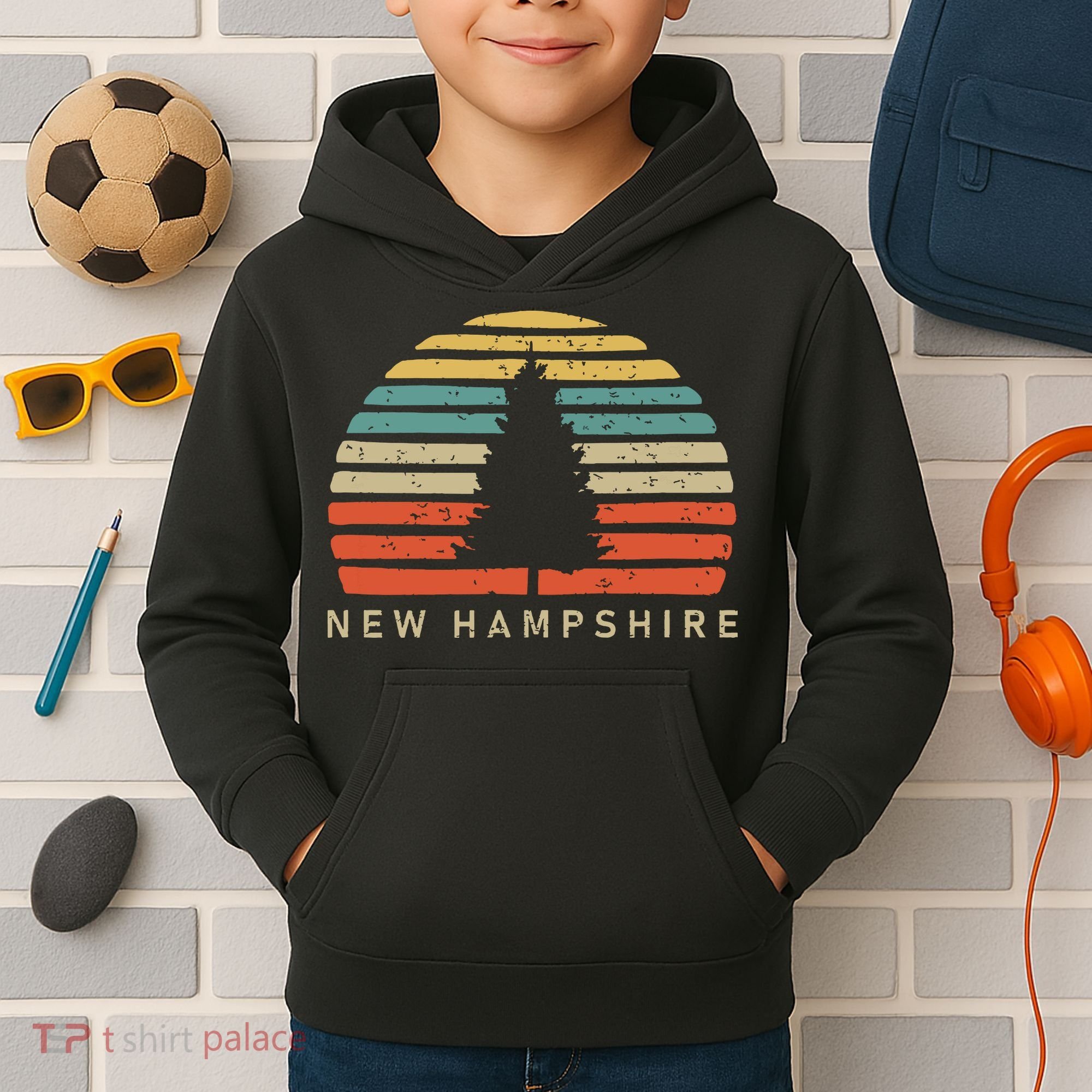 Retro Sunset New Hampshire Pine Tree Kids Hoodie