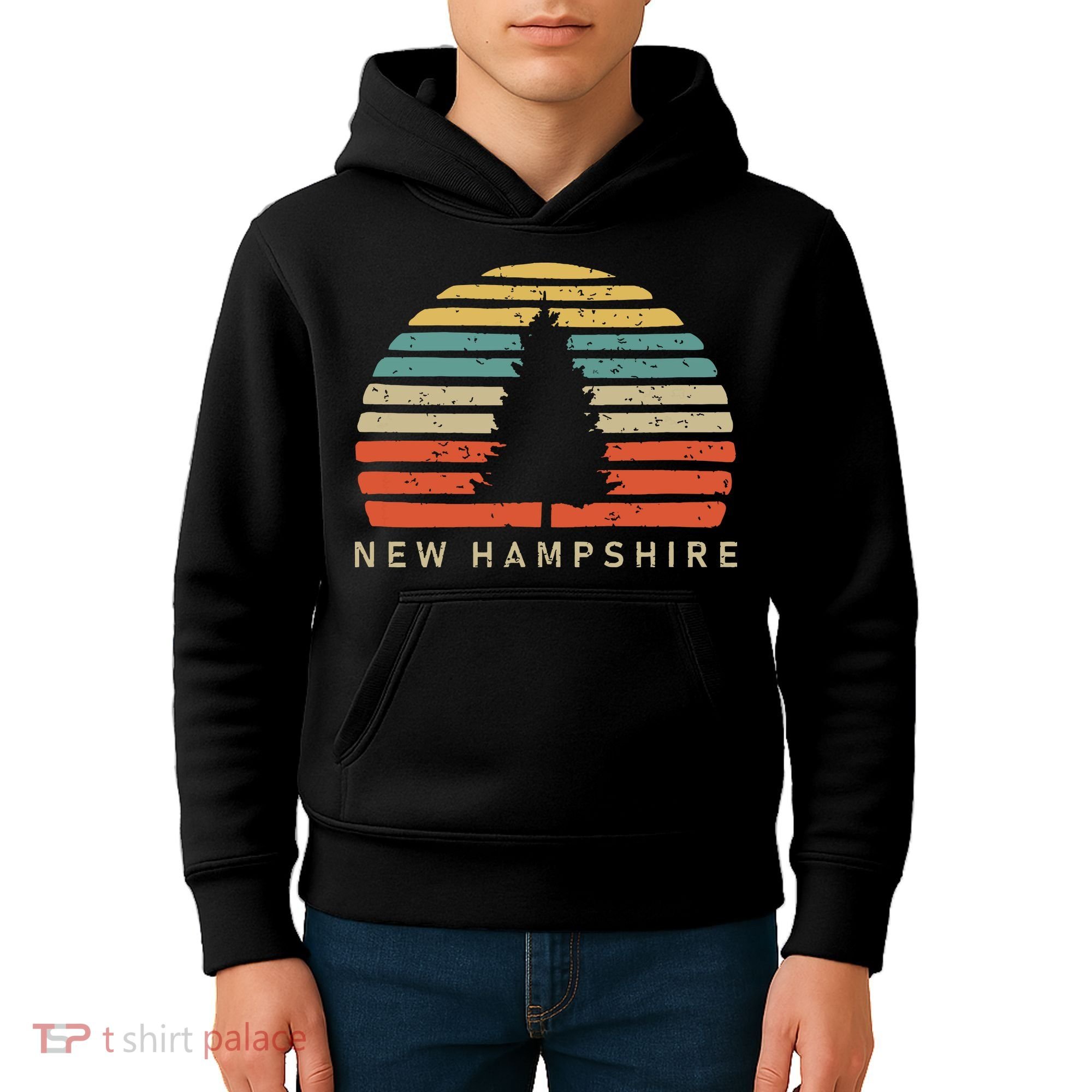 Retro Sunset New Hampshire Pine Tree Kids Hoodie