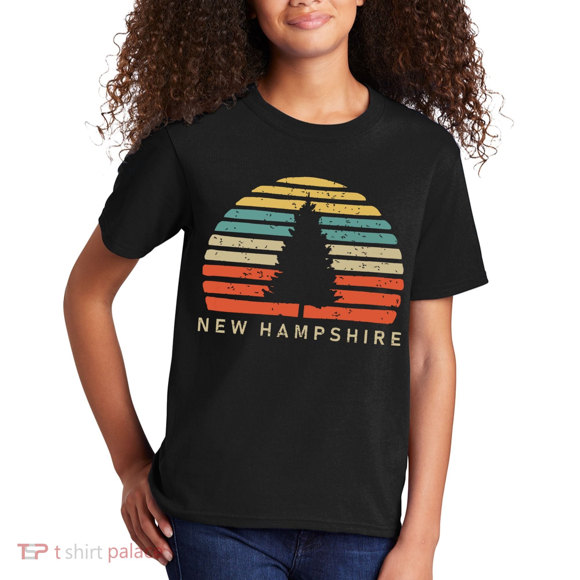 Retro Sunset New Hampshire Pine Tree Kids T-Shirt