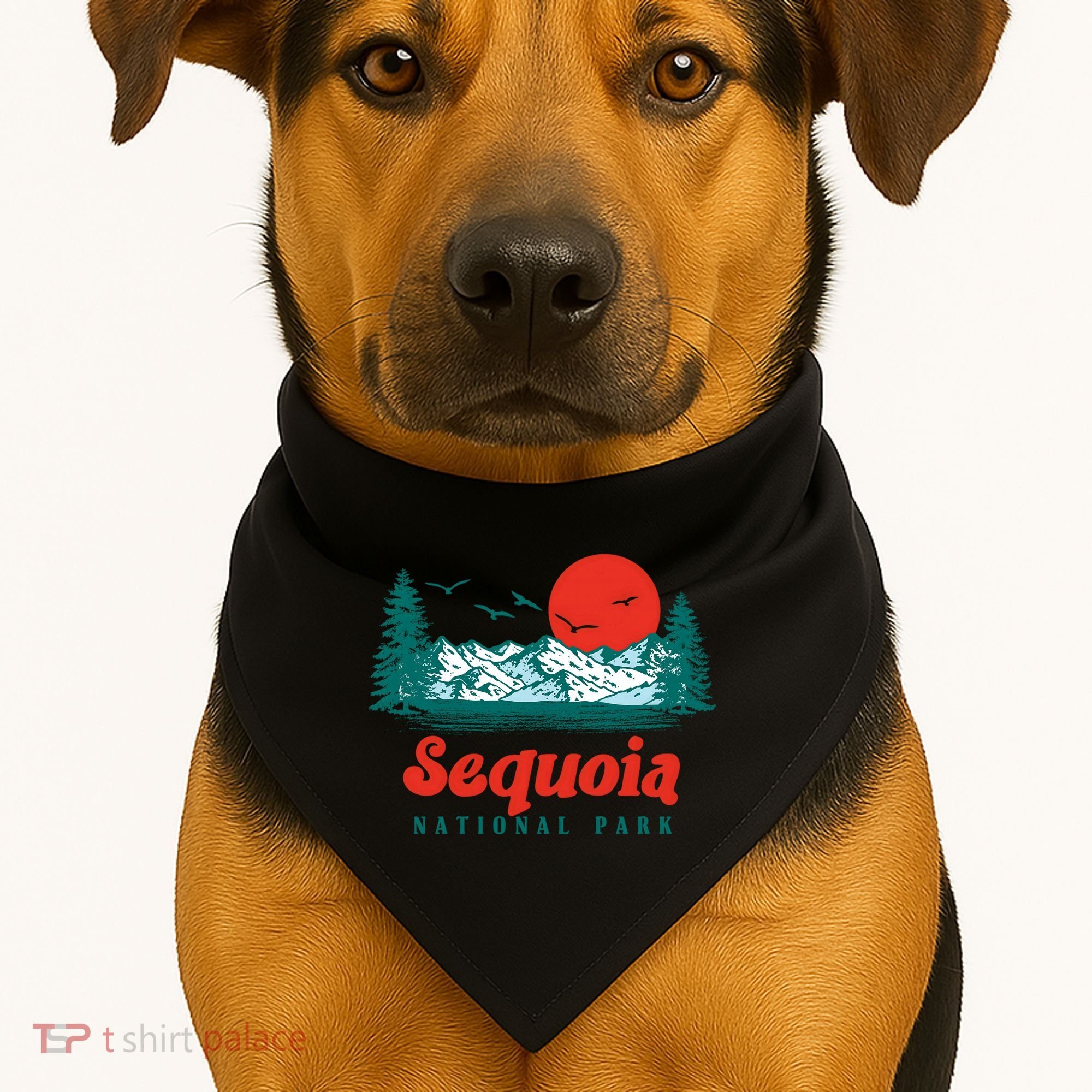 Retro Sequoia National Park Mountain Trees And Sun Graphic Gift USA-Made Doggie Bandana