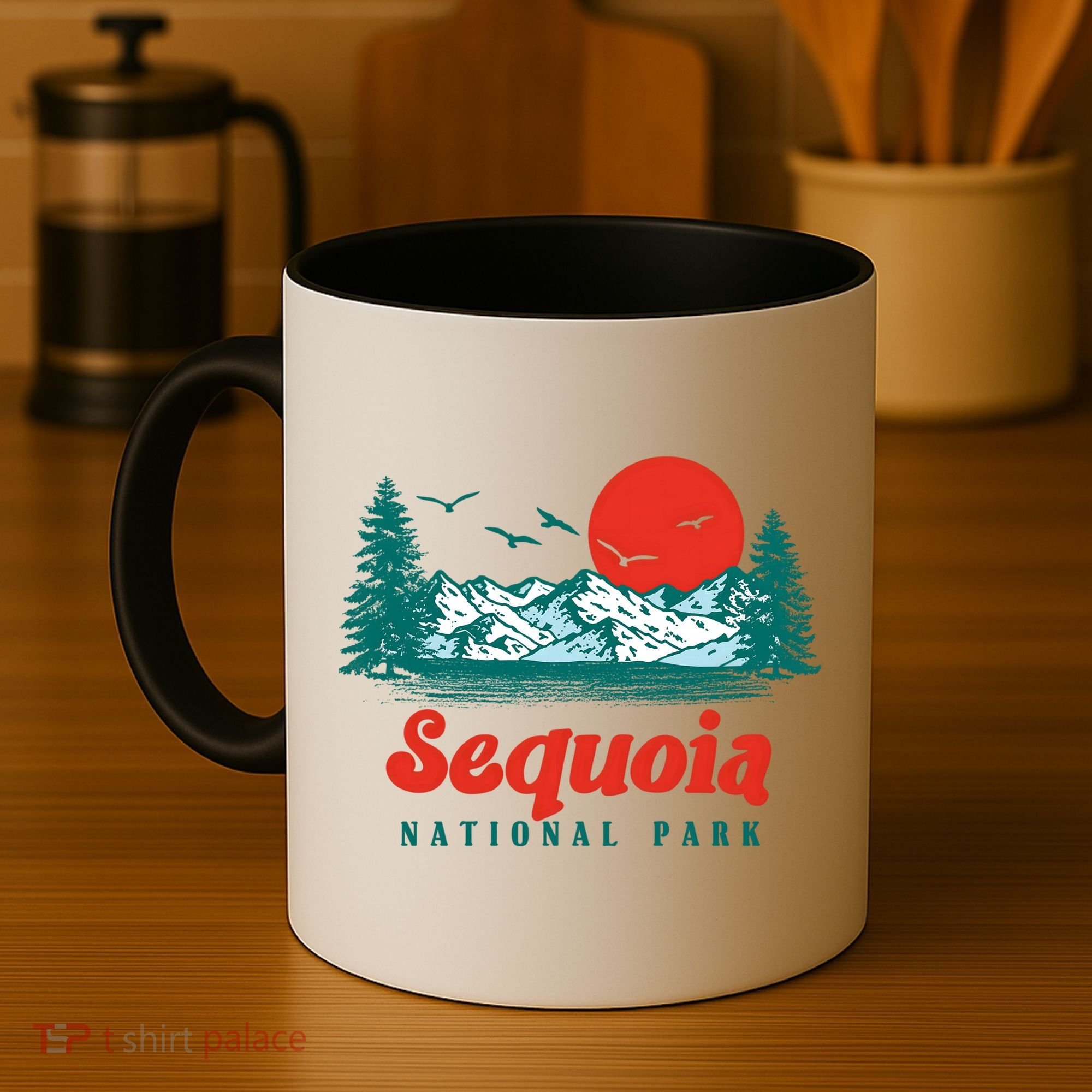 Retro Sequoia National Park Mountain Trees And Sun Graphic Gift Coffee Mug