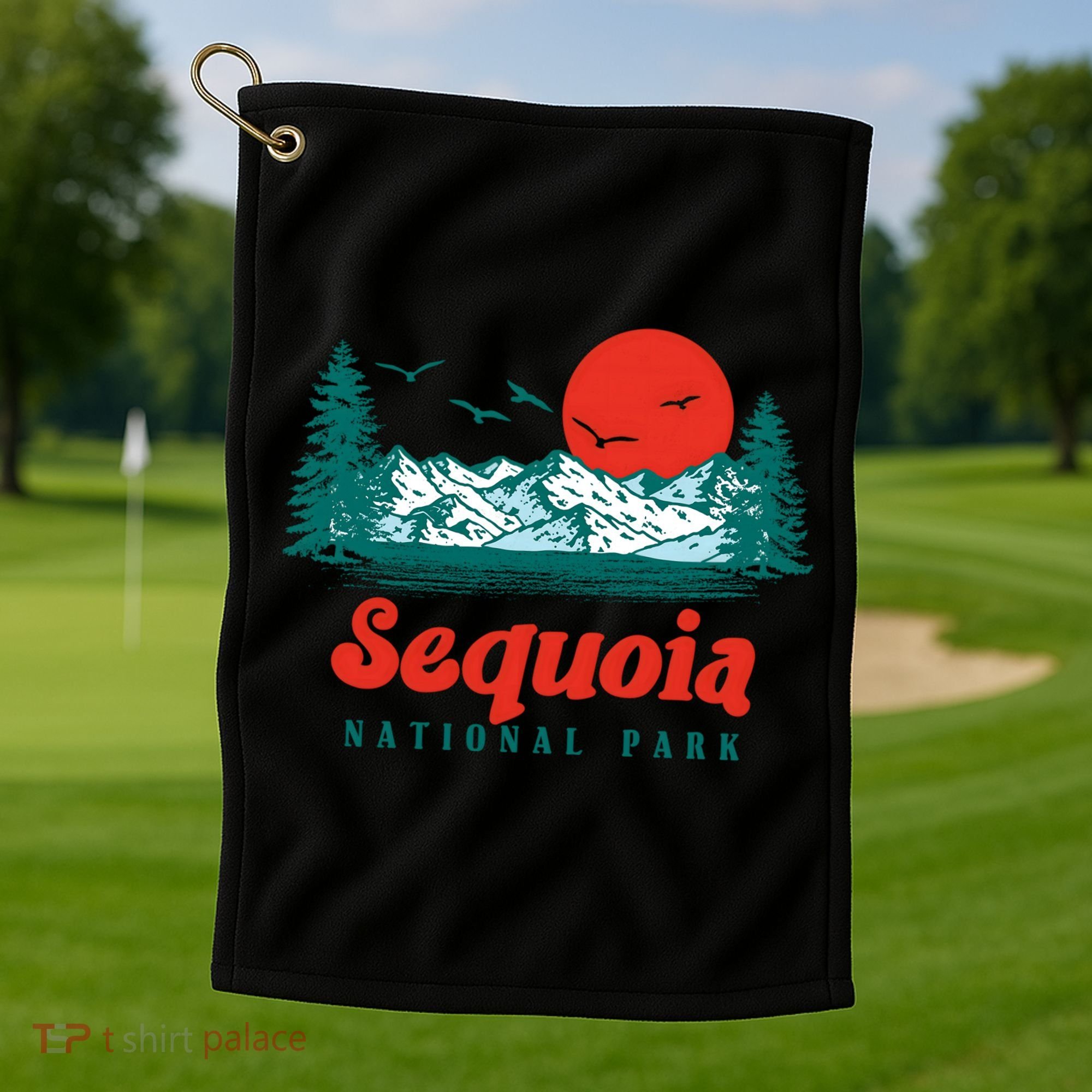 Retro Sequoia National Park Mountain Trees And Sun Graphic Gift Golf Towel