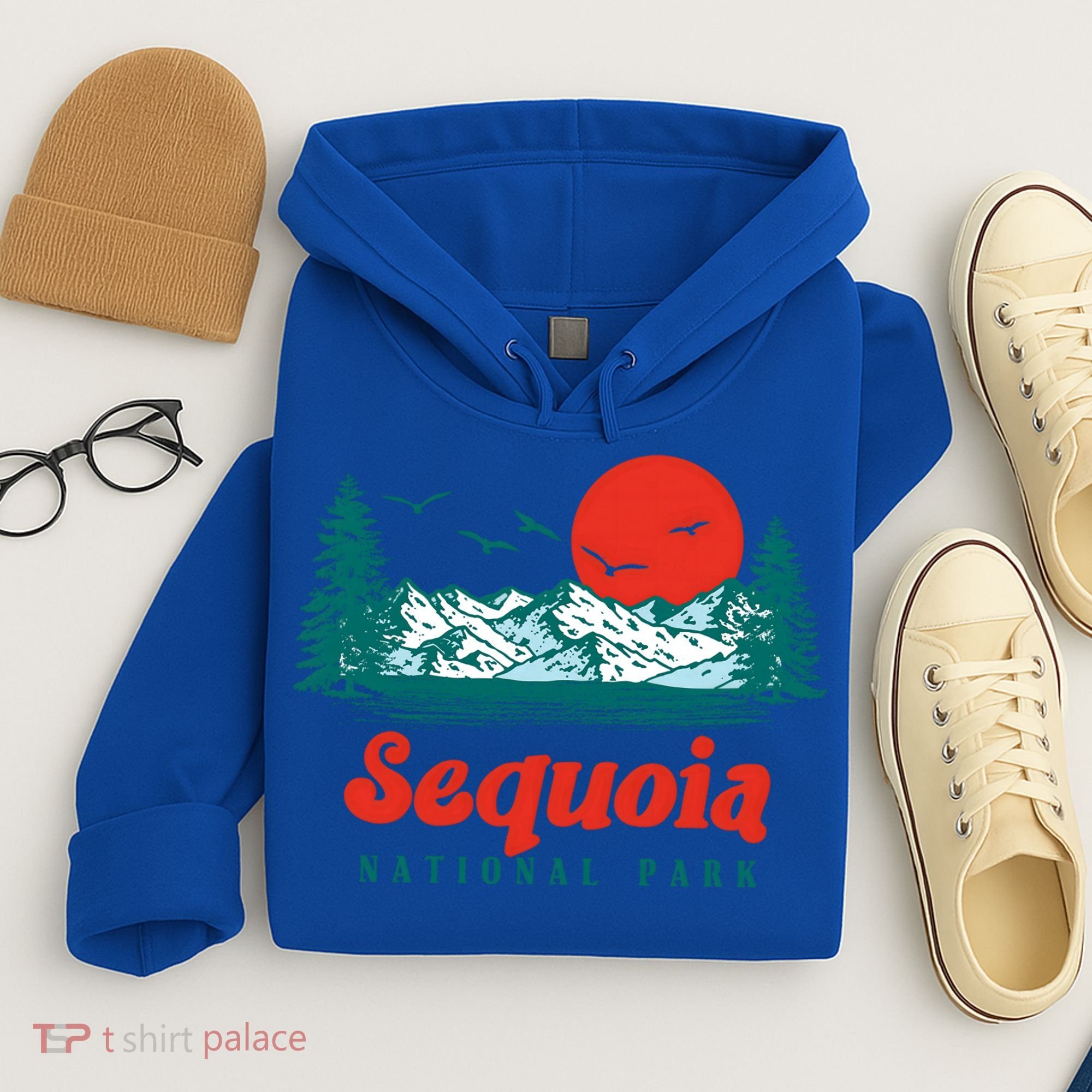 Retro Sequoia National Park Mountain Trees And Sun Graphic Gift Hoodie