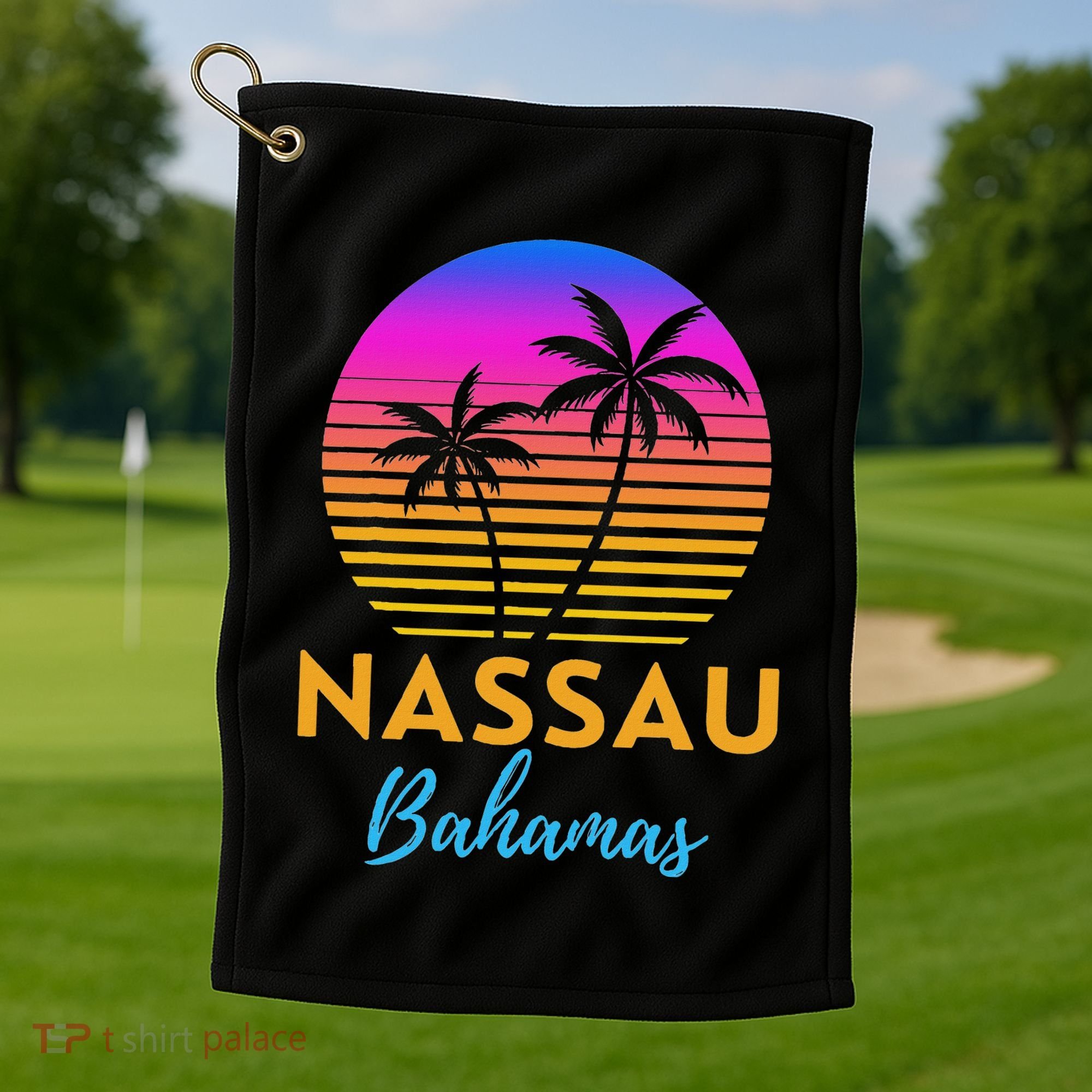 Retro Sunset Nassau Bahamas Beach Trip Vacation Summer Group Golf Towel
