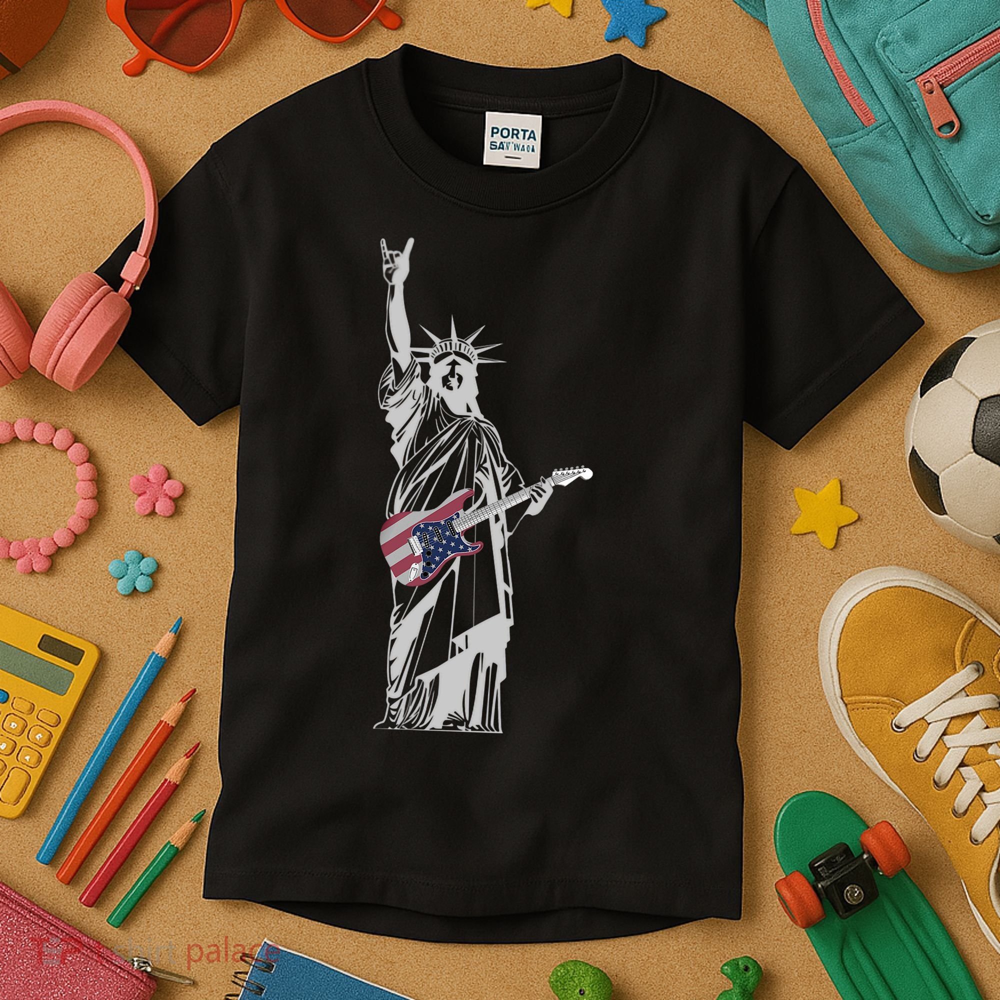 Rocking Statue Of Liberty 4th Of July Guitar Kids T-Shirt